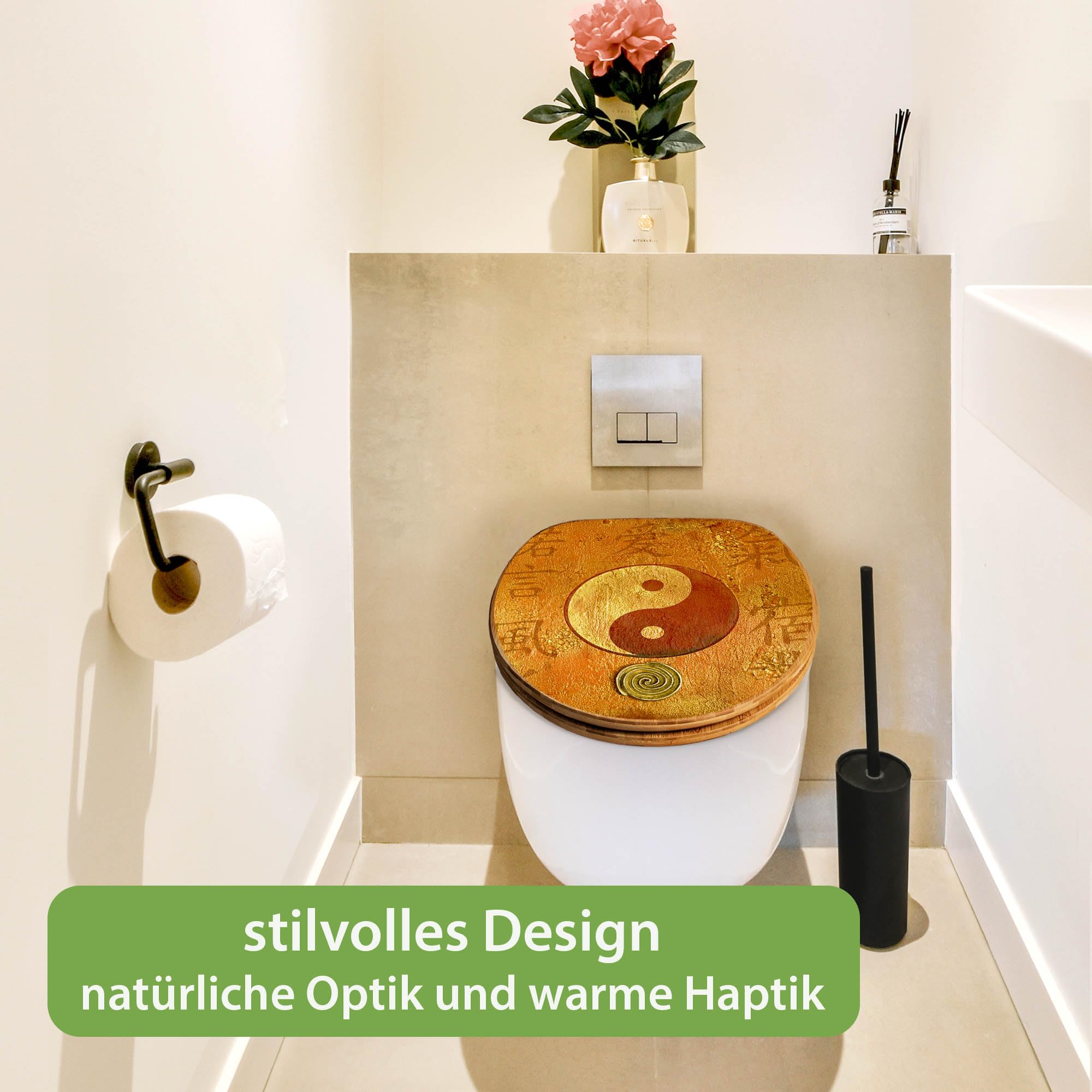 banjado Design WC Sitz Bambus Absenkautomatik 45,8x37,5cm - Toilettendeckel mit Absenkautomatik Holz - hochwertiger Bambus Klodeckel - WC-Sitz für gängigen Toiletten - Motiv Yin Yang