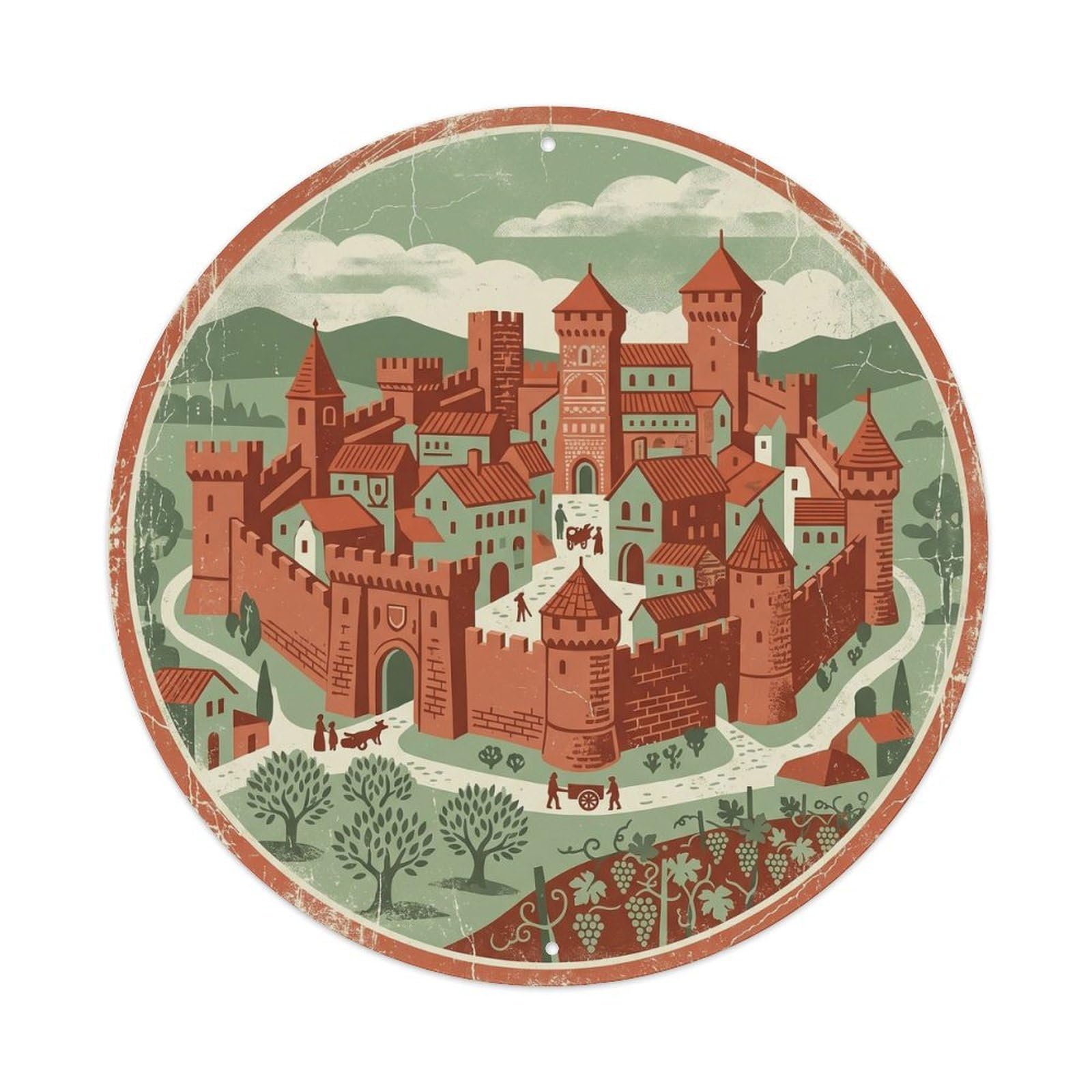 Vintage Travel Walls Croatia Fortress Metal Tin Sign Plaque Wall Decor for Cafe, Club, Garden Round Metal Poster 8x8Inch