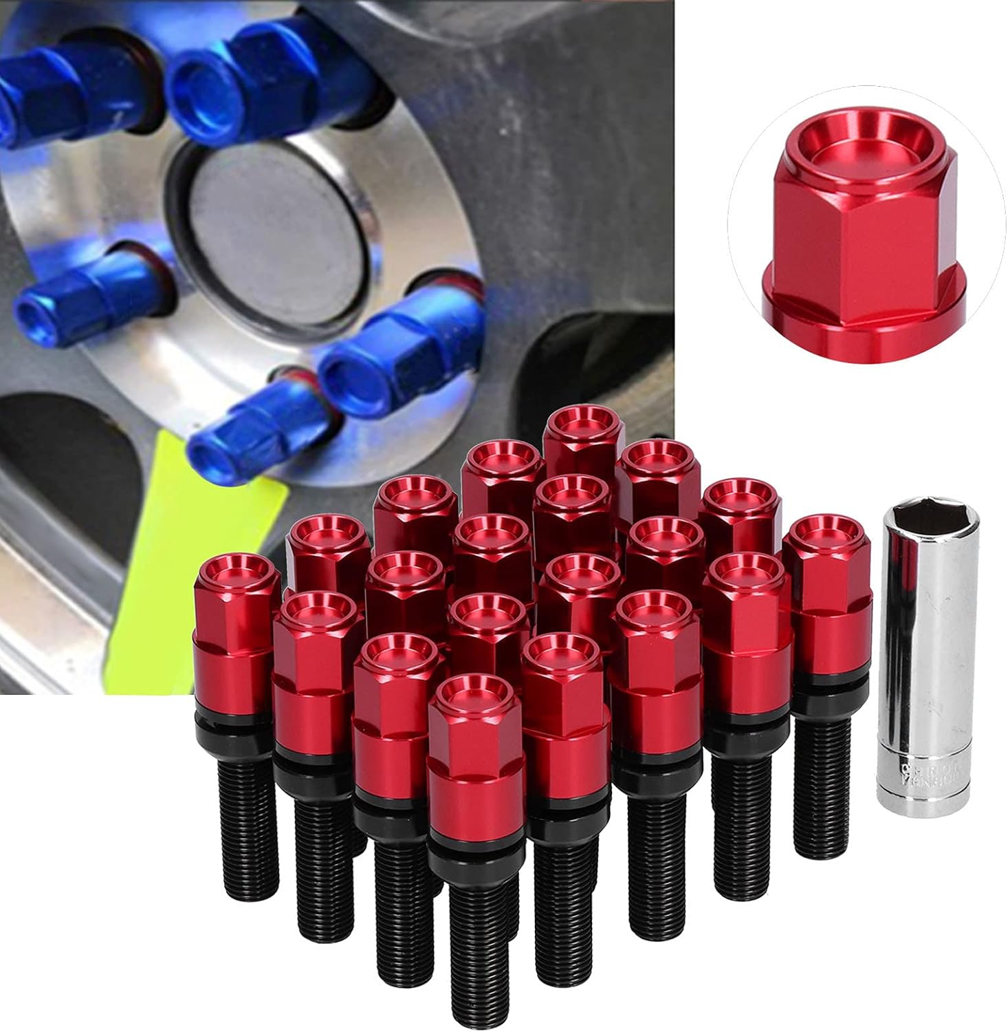 Qiilu Extended Lug Bolts, 20pcs Steel Extended M12x1.25 28mm Thread with Sleeve Universal for Car (Red)
