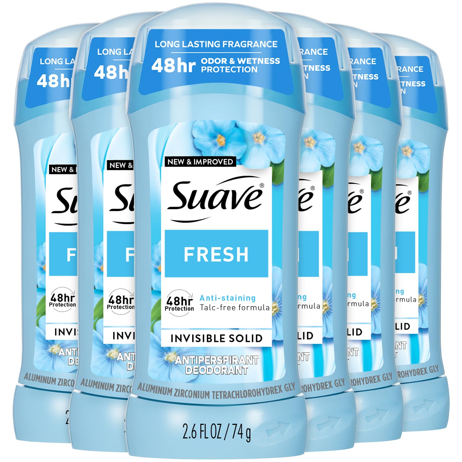 Suave Antiperspirant Deodorant for Women, Fresh 6-Pack – Anti-Staining Invisible Solid, Talc-Free, 2.6 Oz Ea