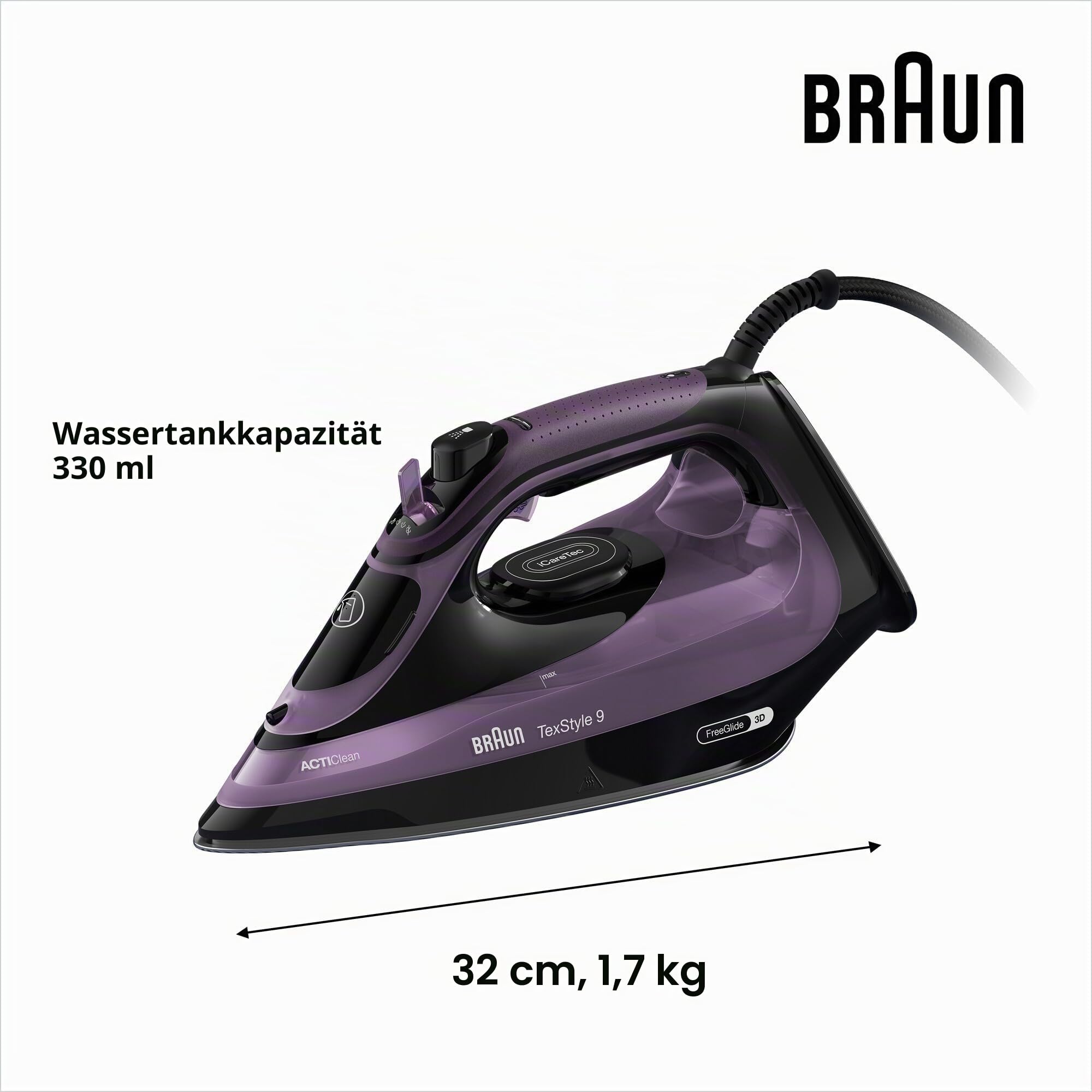 Braun TexStyle 9 SI9661VI Dampfbügeleisen mit FreeGlide 3D-Technologie, vertikales Bügeleisen, Anti-Tropf-Funktion, Tank 330 ml, 260 g/min, 3200 W, Violett