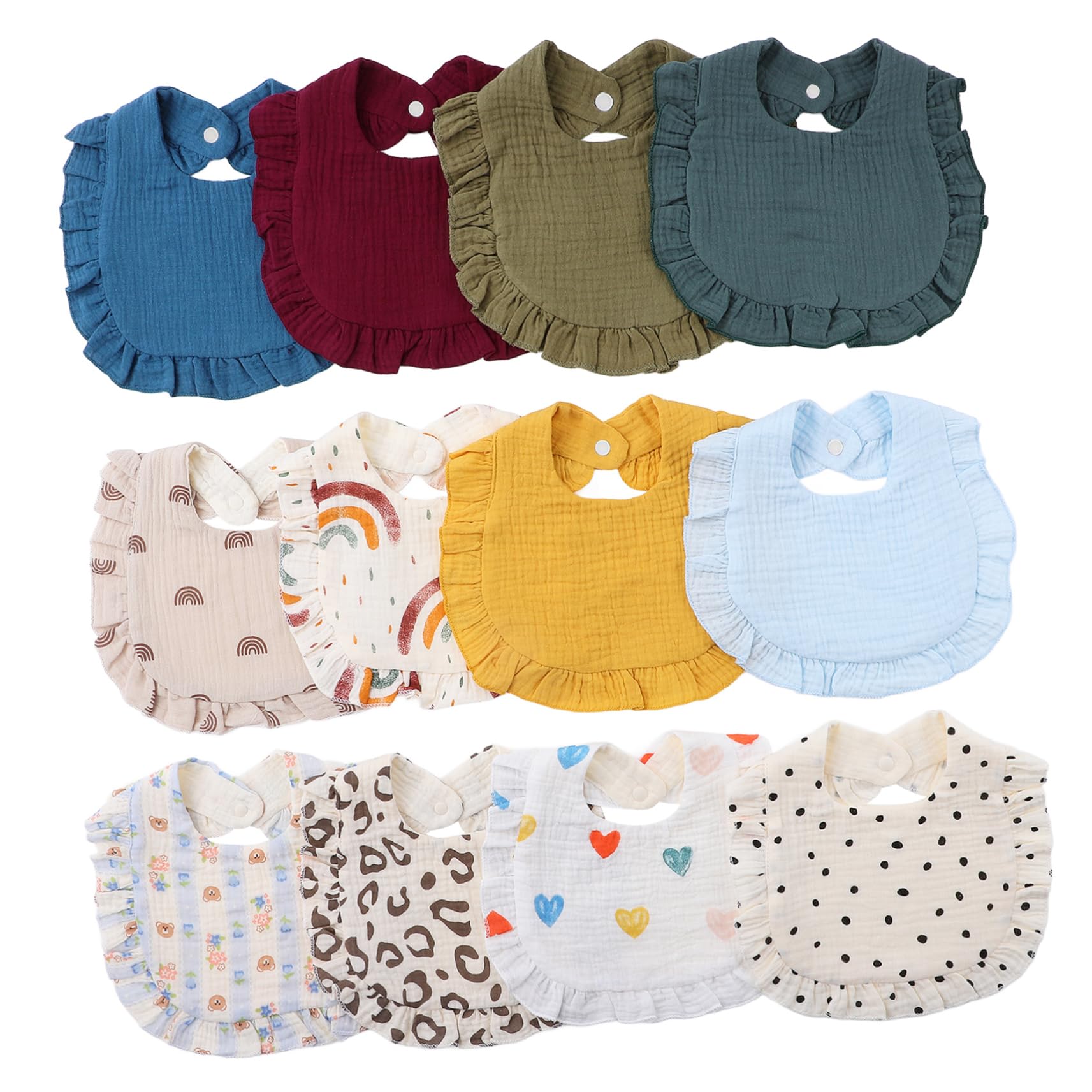 12 Stück Spucktücher Baumwolle Muslin für Kleinkinder Saugfähige Dreieckstücher mit Druckknopfverschluss Unisex Vielseitige Designs für Neugeborene und Kleinkinder
