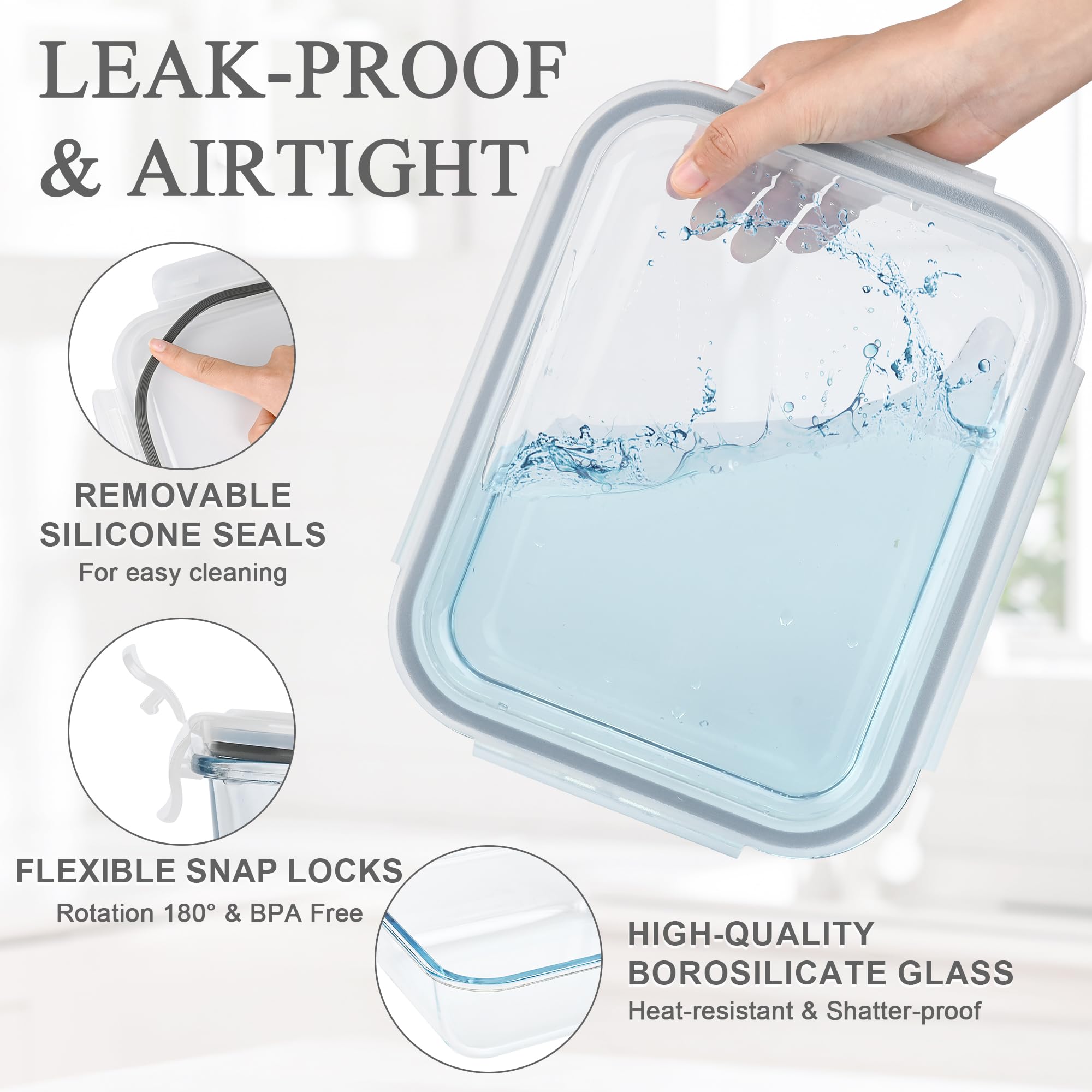 GEHE 2 Pack 2300 ml Große Glasbehälter Sets mit Deckeln, Glas Mahlzeit Vorbereitung Boxen - Speicherung Lebensmittel, Backen, Dicht, Gefrierschrank, Mikrowelle & Ofen Safe