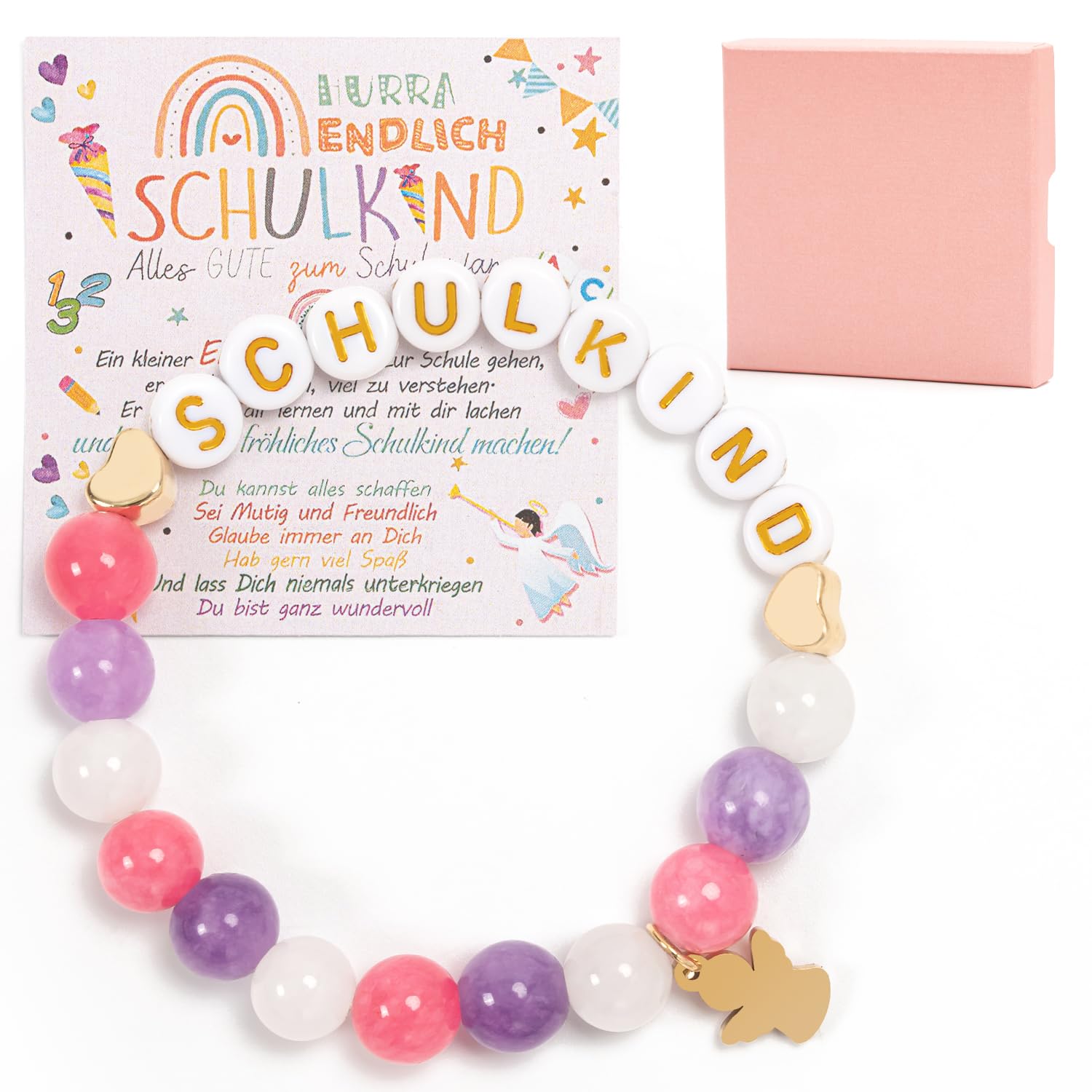 Schutzengel Armband Für Einschulung - Rosa Armband Mit Karte Und Geschenkbox