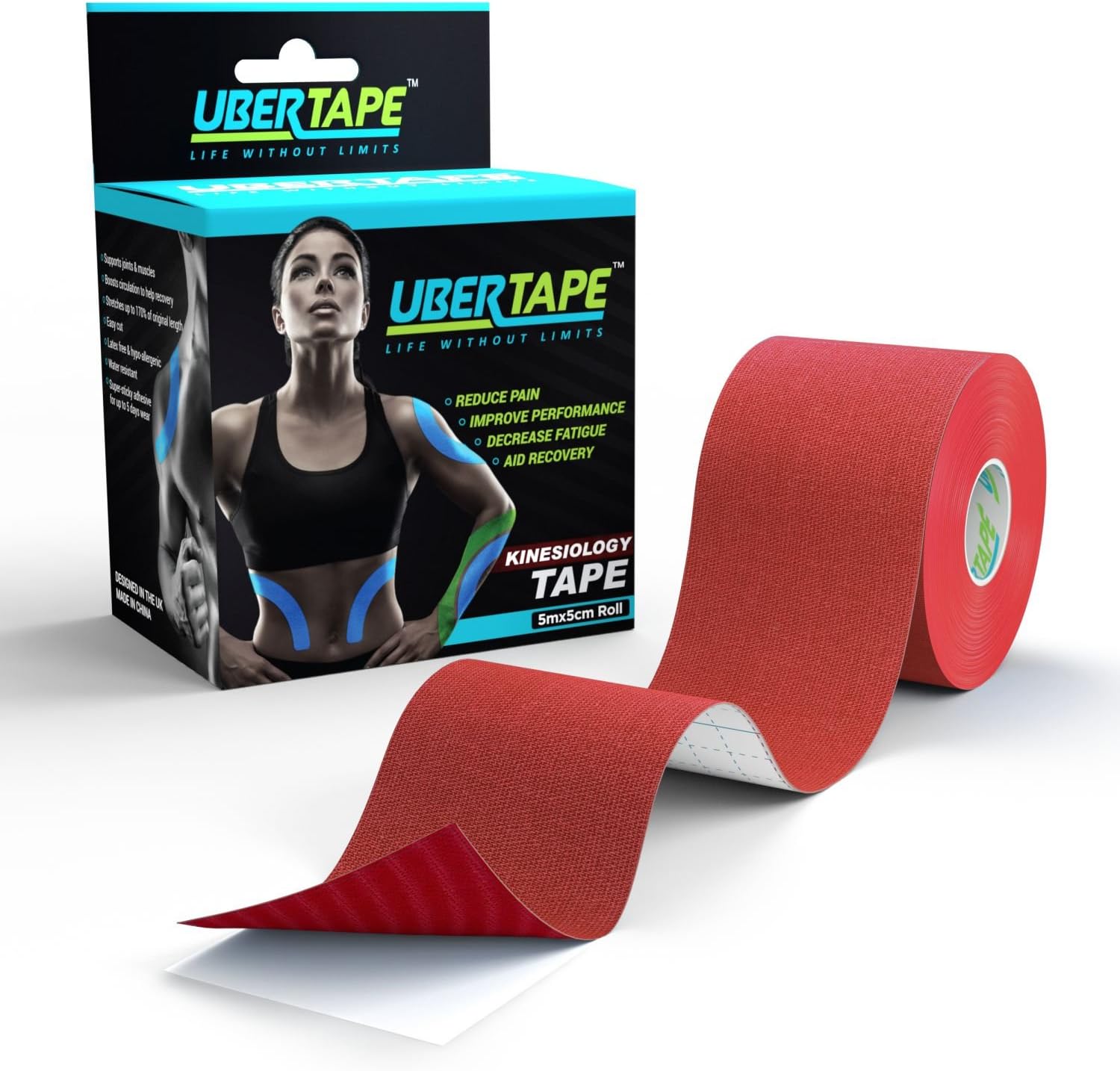 UberTape Kinesiology Tape (Super Sticky) - Latex Free and Hypoallergenic for Safety - Durable Material for Extended Use - Water and Sweat Resistant - Enhances Performance and Reduces Pain