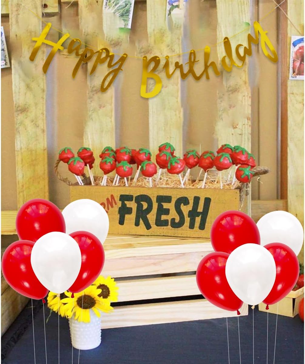 36 Pcs Strawberry Theme Birthday Party Decoration Strawberry Paper Honeycomb Ball, Happy Birthday Banner Foil Balloons, Cake Toppers for Summer Fruit Themed Party Supplies
