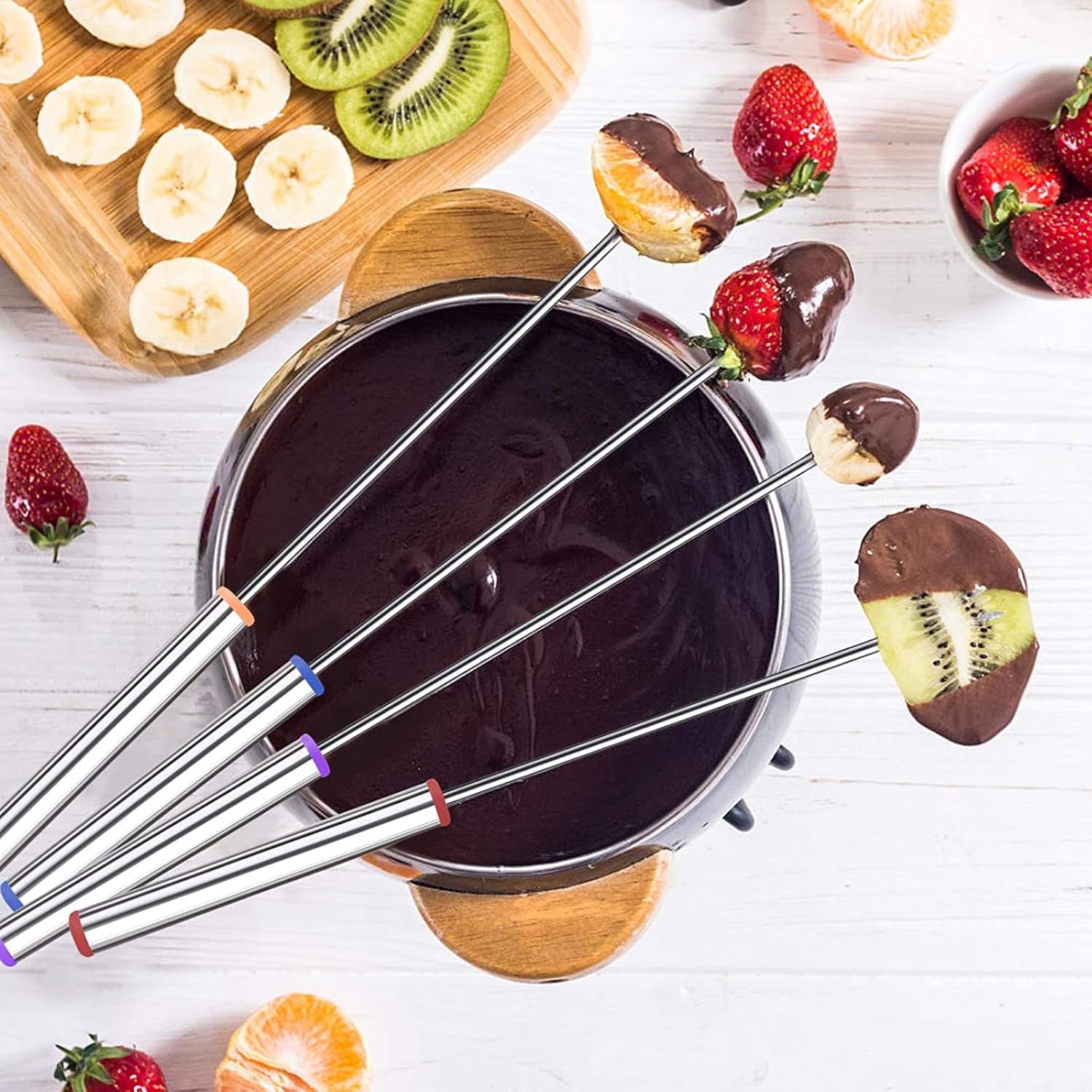 6PCS Stainless Steel Fondue Forks - 9.5 Inch, Colored Coding, Set of 6 for Hot Pot, Barbecue, Fruits, Vegetables