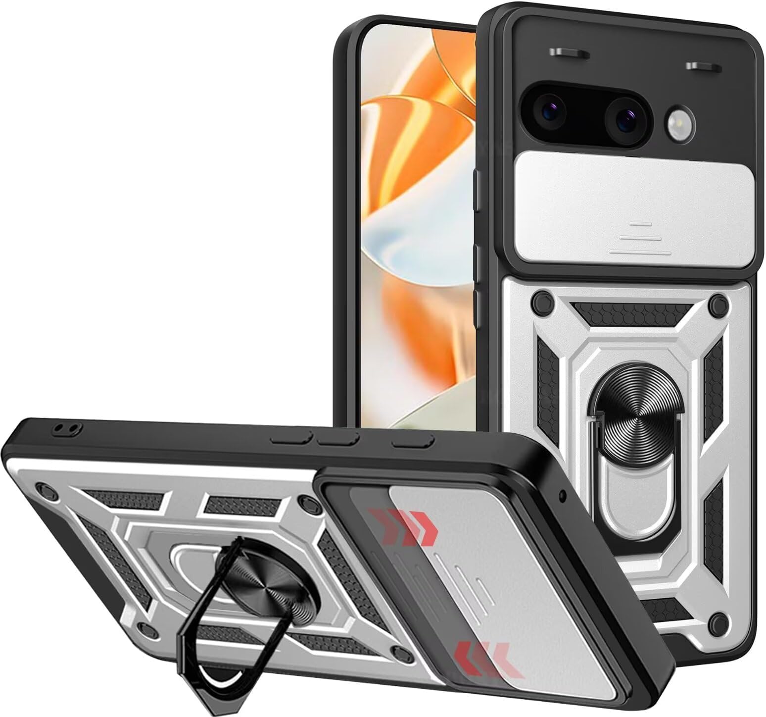 EASSGU Armour Case for Google Pixel 9A (6.1 Inches) Hard PC Silicone Ring Stand Mobile Case with Magnetic Base – Silver