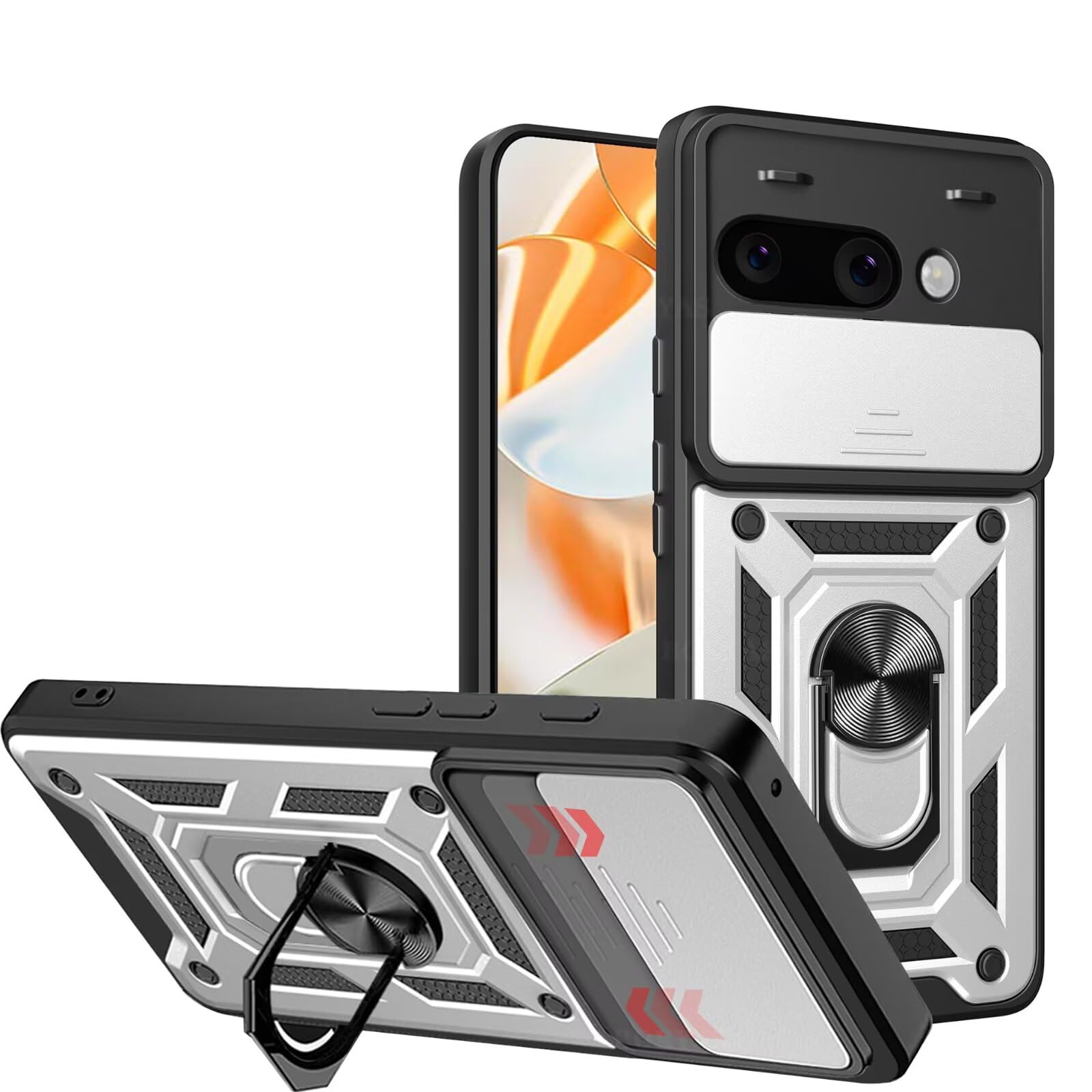 EASSGU Armour Case for Google Pixel 9A (6.1 Inches) Hard PC Silicone Ring Stand Mobile Case with Magnetic Base – Silver