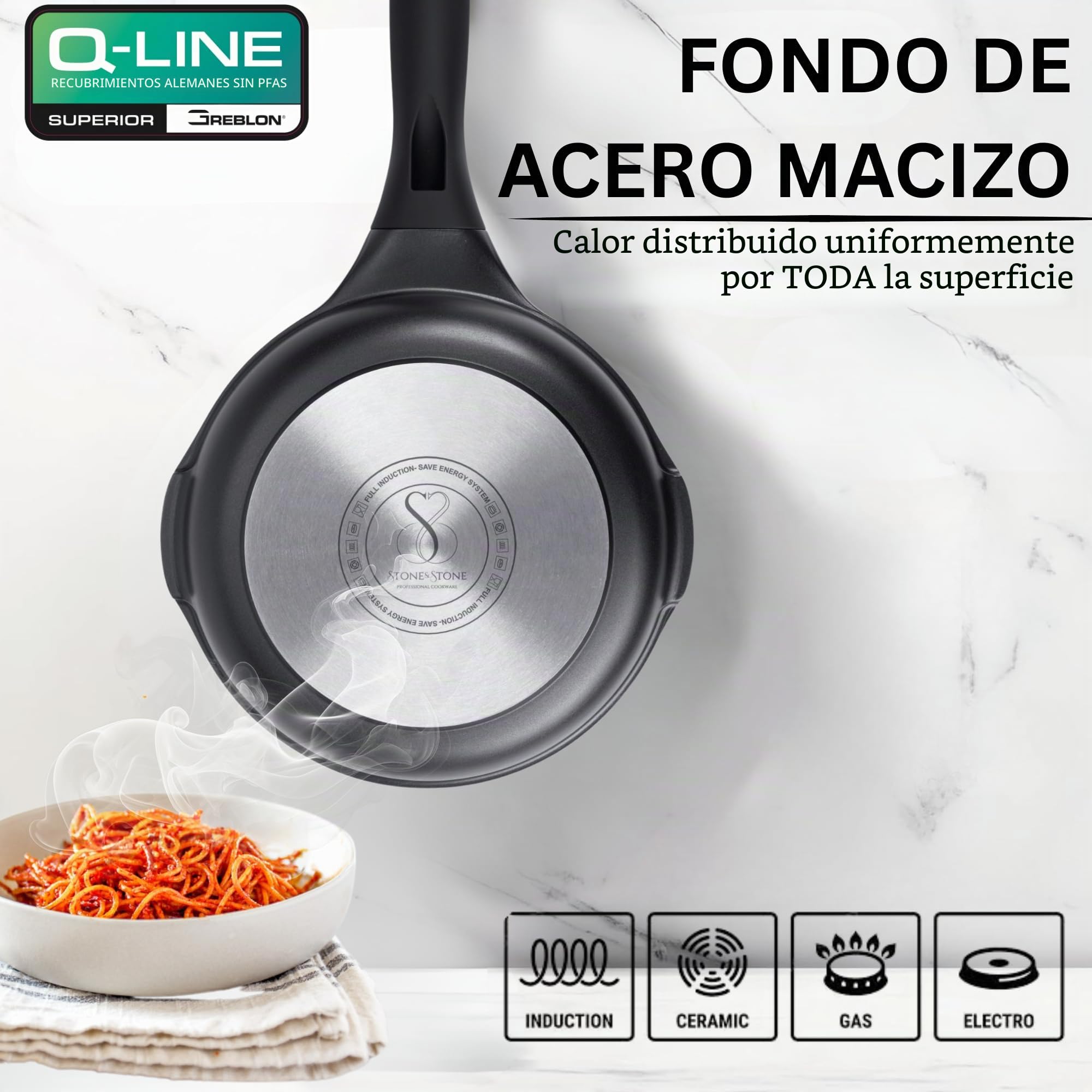Stone&Stone Juego de Sartenes Inducción 20/24/28/32 cm, Set 4 Sartenes Antiadherentes con Revestimiento Cerámico Alemán, Para Inducción y Gas, Sin PFAS, PFOA ni PTFE, con Tapas y Utensilios