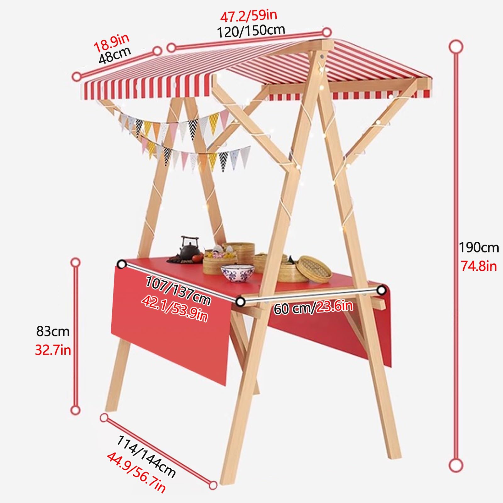 Bancarella portatile pieghevole in legno con ruote, carrello per vendita di alimenti, espositore commerciale, con baldacchino e tovaglia, per fiere, artigianato, eventi (giallo, 120 cm)