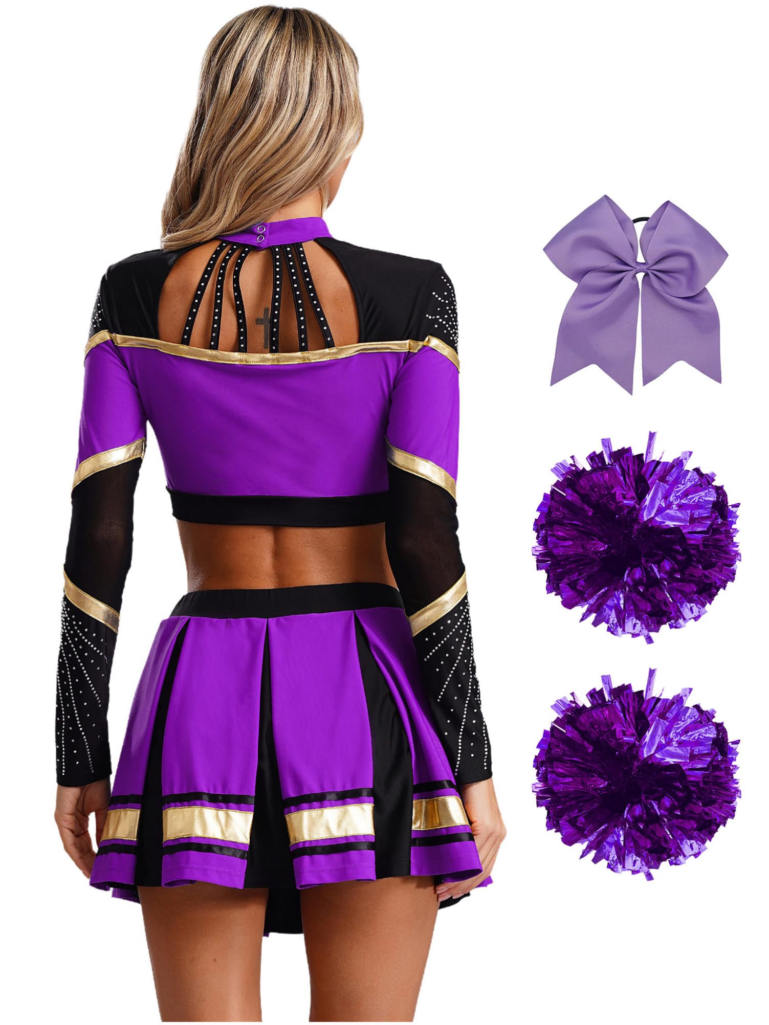 Alvivi 5Pcs Cheer Leader Kostüm Damen Langarm Cheerleading Uniform Crop Tops mit Rock Pompoms Socken Haarband Halloween Karneval Fasching Kostüm