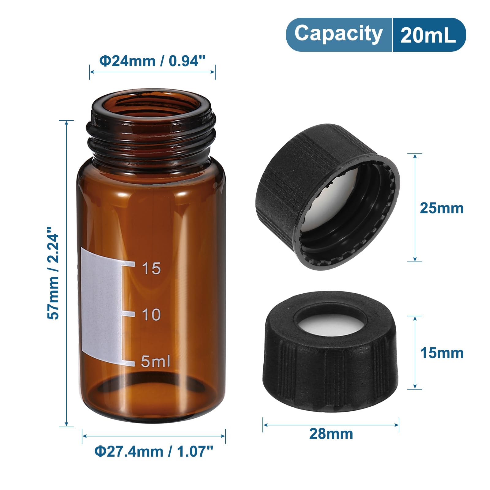 PATIKIL Vial de muestreo automático de 20 ml, paquete de 100 viales HPLC/GC 9-425 viales ámbar de laboratorio, viales de muestra, tapón de rosca, parche de escritura de PTFE blanco y septa de silicona