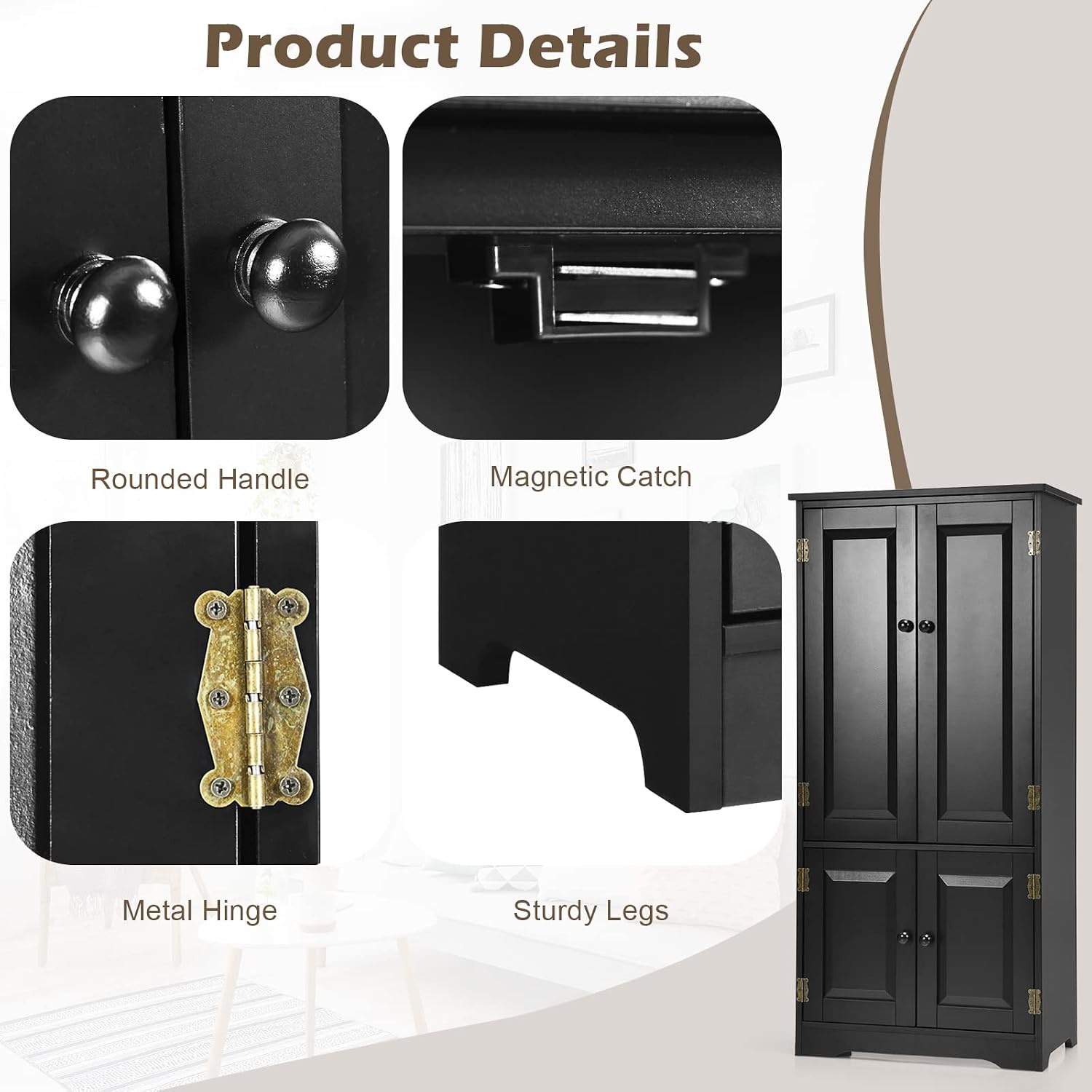 DORTALA Accent Floor Storage Cabinet Adjustable Shelves Antique 2-Door Low Floor Cabinet Pantry, Black