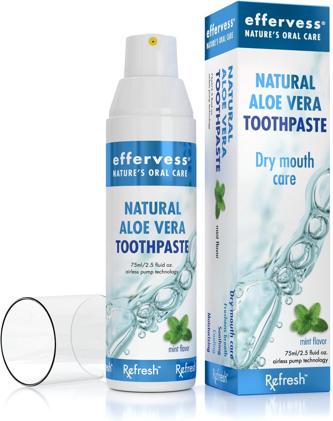 Effervess®- Rx Refresh Natural Aloe Vera Toothpaste is a Mint-Flavored Oral Care Product with airless Pump Technology, Perfect for Dry Mouth Relief. Developed by a Dentist.