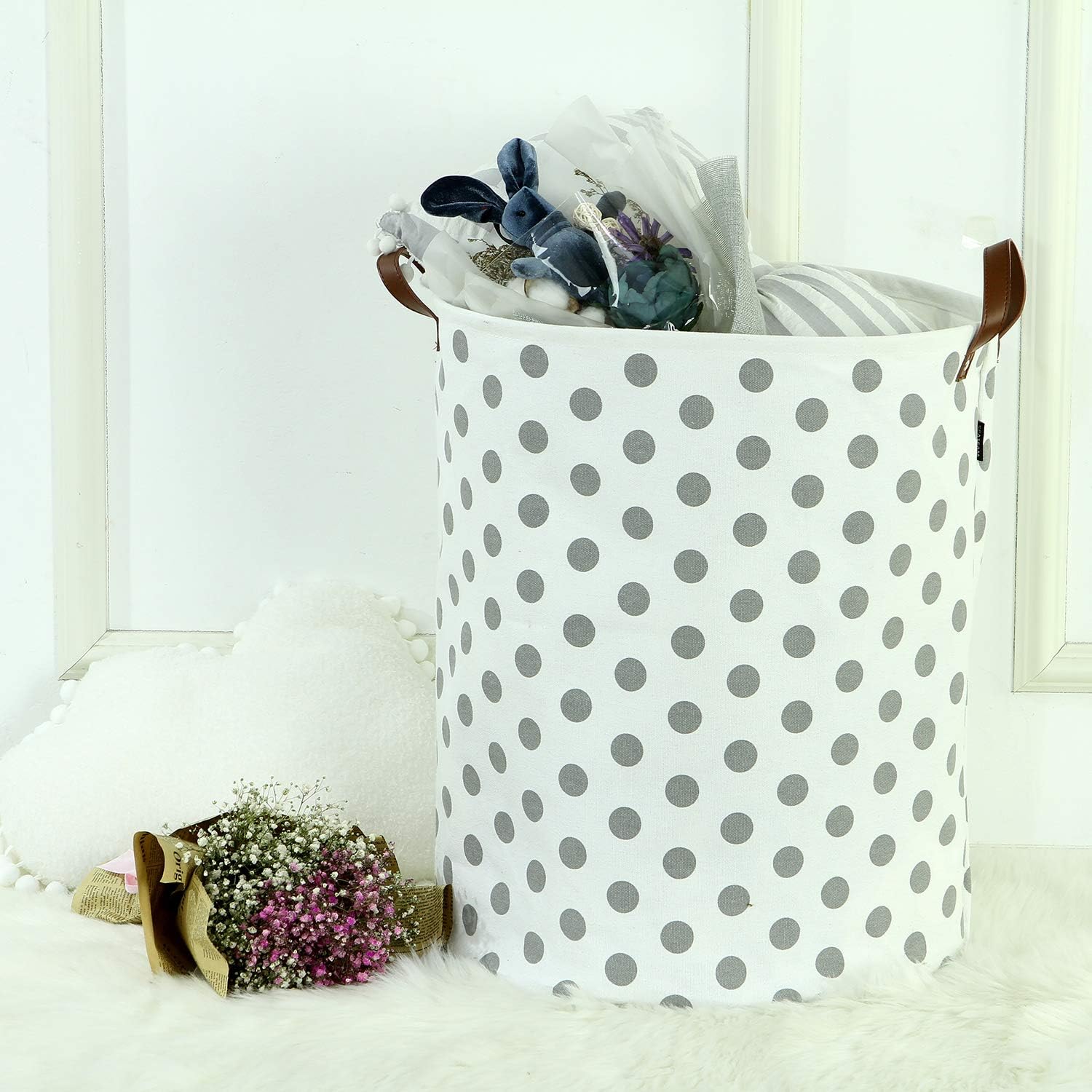 Sea Team 19.7 Inches Large Sized Waterproof Coating Ramie Cotton Fabric Folding Laundry Hamper Bucket Cylindric Burlap Canvas Storage Basket with Stylish Grey Polka Dot Design