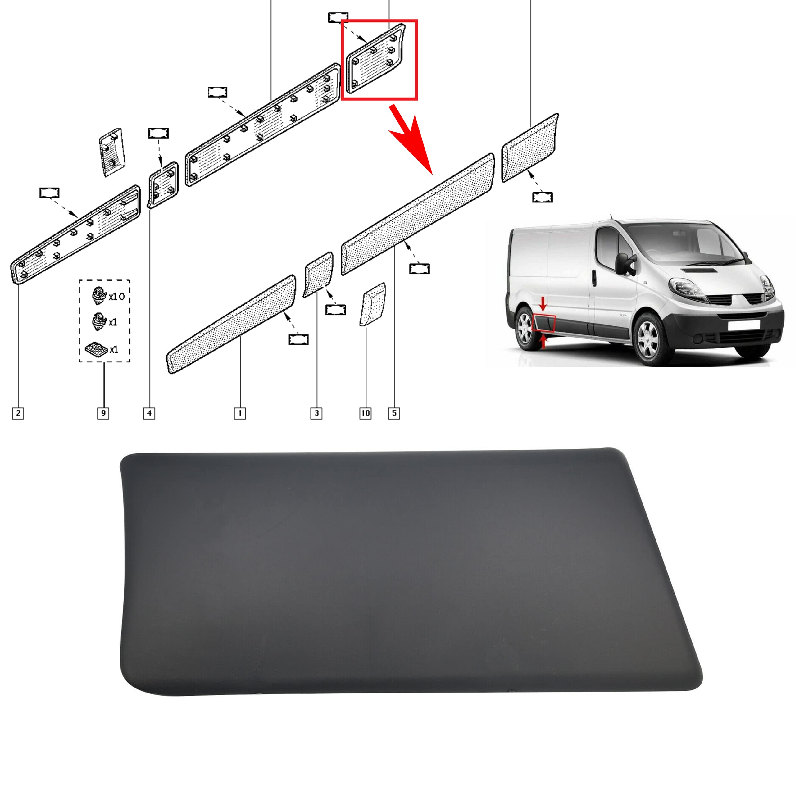 Seitenverkleidung Zierleiste Zierleiste Schutzleiste für LWB kompatibel mit Vivaro Trafic MK2 Primaster 2001-2014 (hinten rechts LWB)