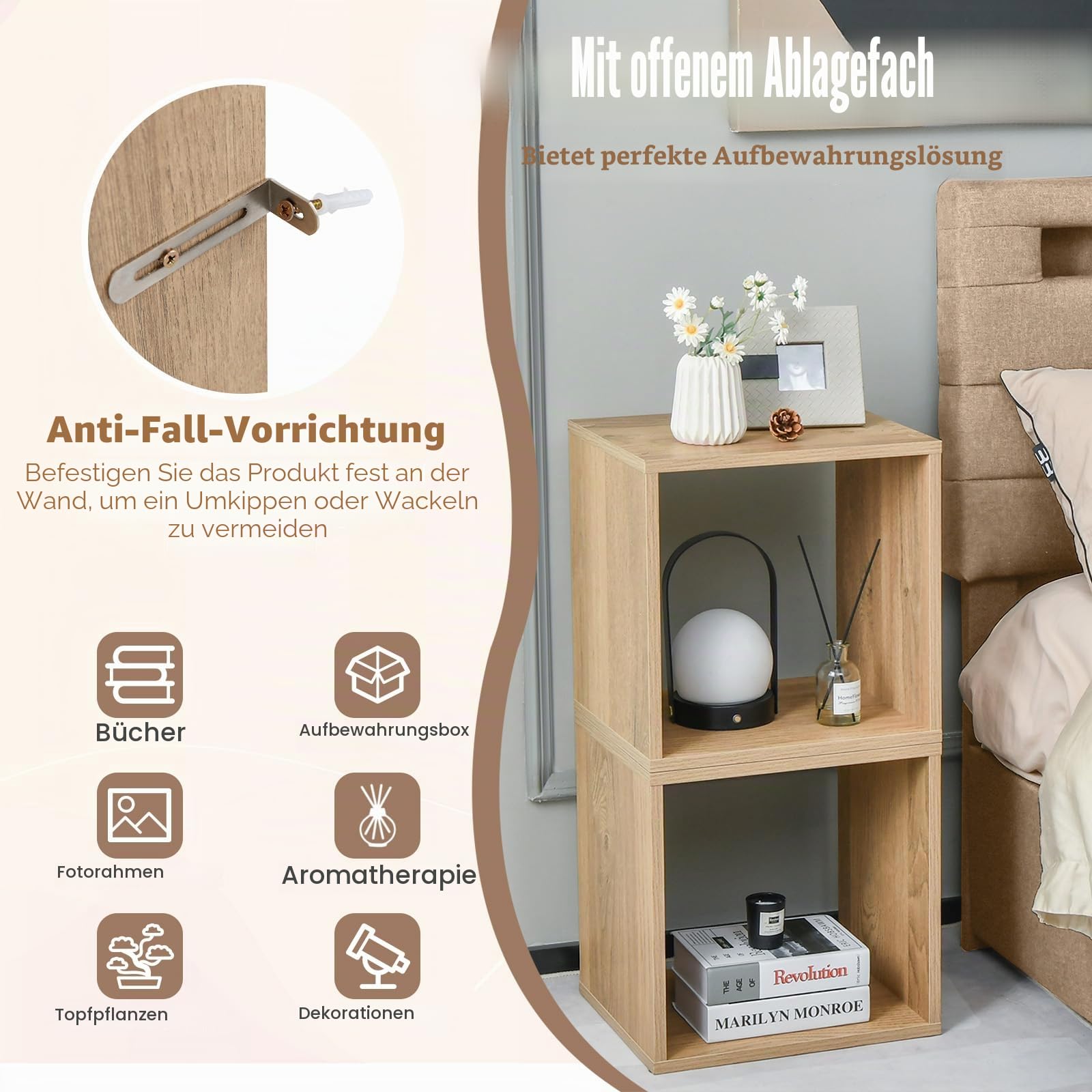 KOMFOTTEU 2er Regalwürfel, Stapelbare Aufbewahrungswürfeln Holz, Bücherregal Cuberegal mit Kippschutz, Würfelregal 38x33cm freie Kombination, Quadratisches Regal für Wohnzimmer Schlafzimmer Büro