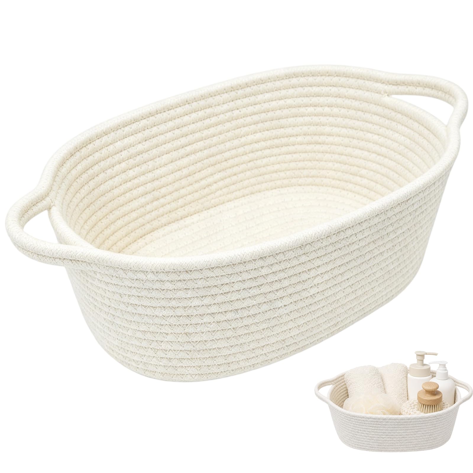 White Basket, Woven Storage Basket with Sturdy Handles, Versatile Organiser for Home, Practical Rope Baskets for Toiletries, Compact White Storage Baskets