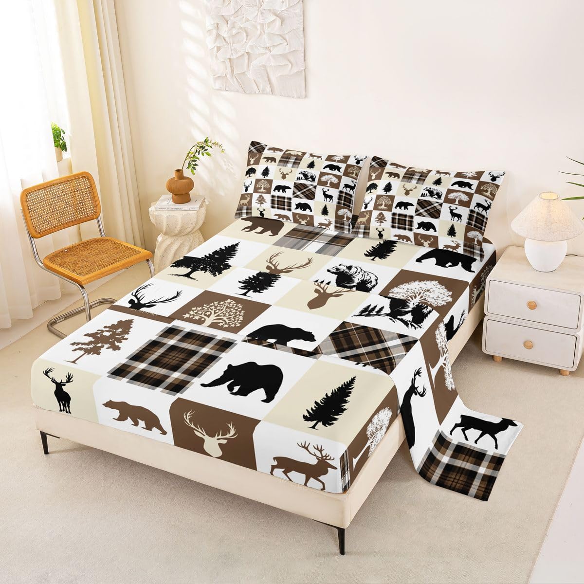 Feelyou Rustic Cabin Country Bear Plaid Bed Sheets Set Full Size 4Pcs