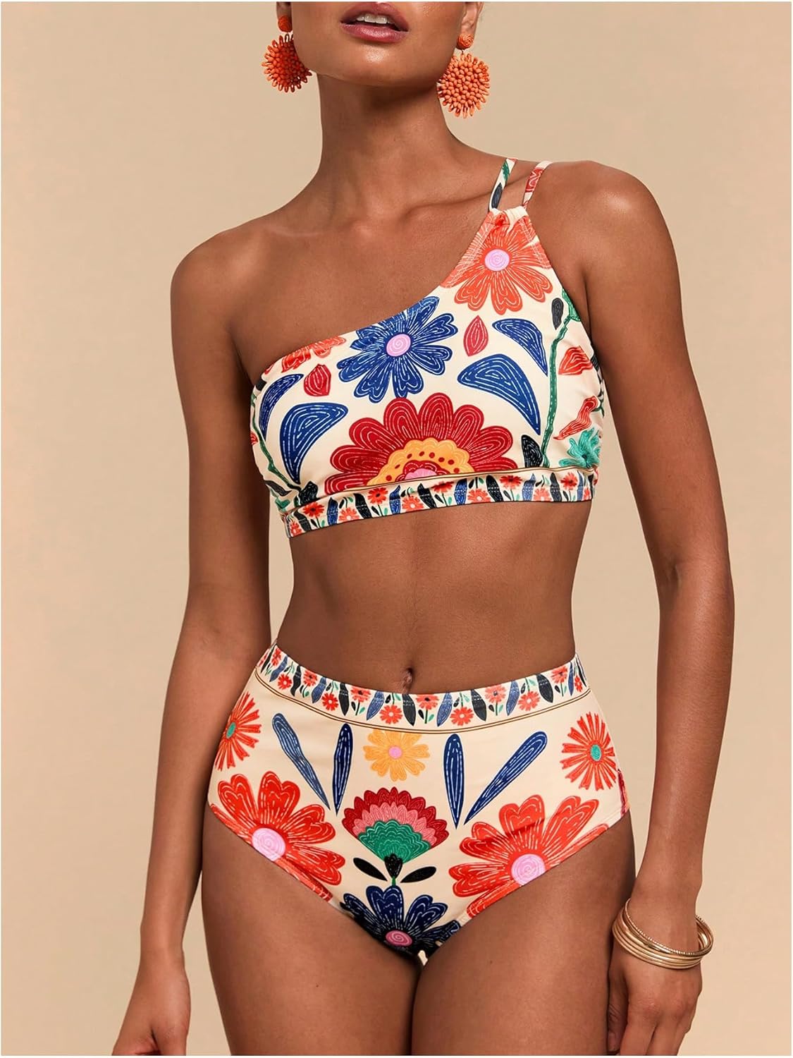 MakeMeChic Women's High Waisted Bikini Set Floral One Shoulder Boho Swimwear Bathing Suit Swimsuit - Image 3