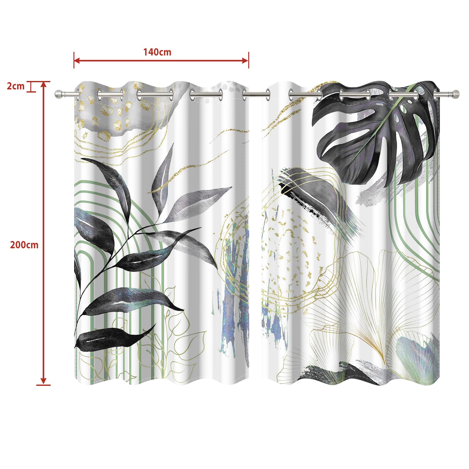 Rideaux Occultant Noir, Rideaux Occultant Tropical Boheme Feuilles de Palmier Rideau Thermiques Isolants Anti Froid et Chaleur Rideau à Oeillets pour Chambre Fenêtre, Lot de 2, 140x200cm