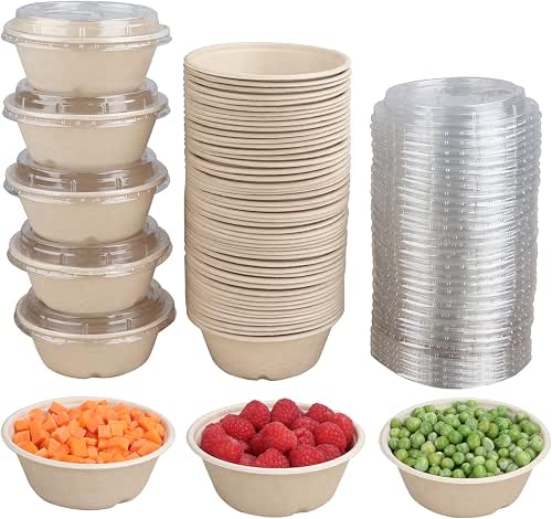 10 oz Round Disposable salad bowls with lids, Sugarcane Fiber