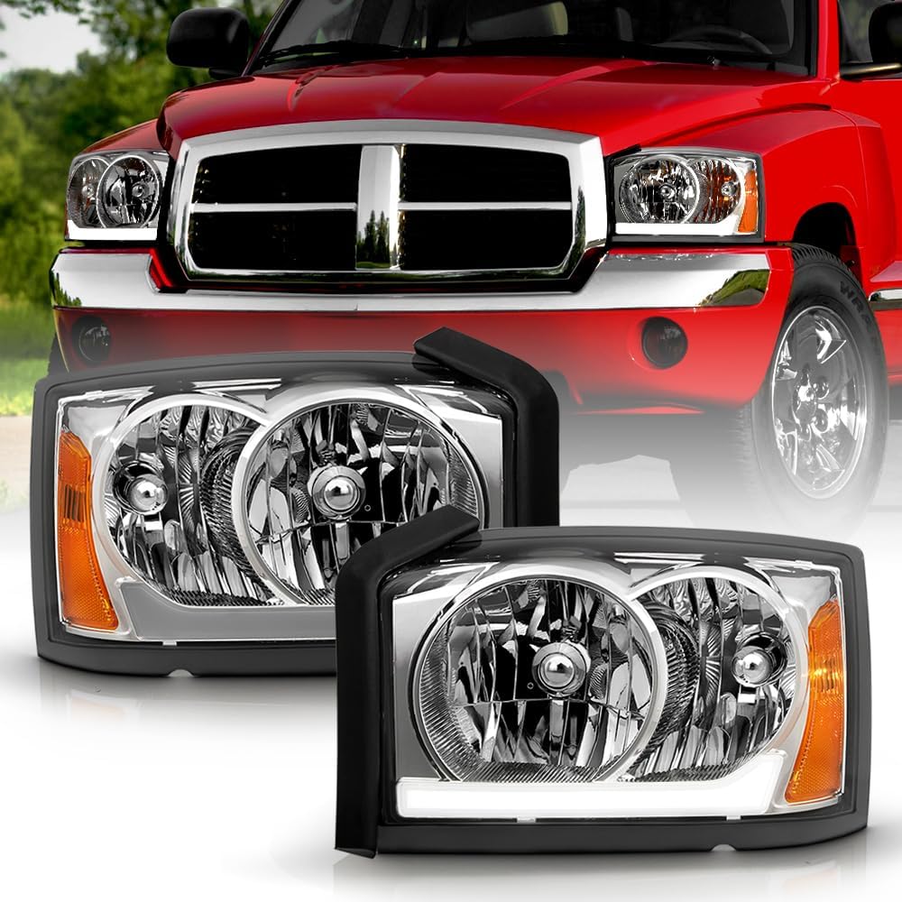 KEEKPO - For 2005 2006 2007 Dodge Dakota Upgrade Chrome Housing LED Tube Headlights Headlamps Replacement Set Left+Right