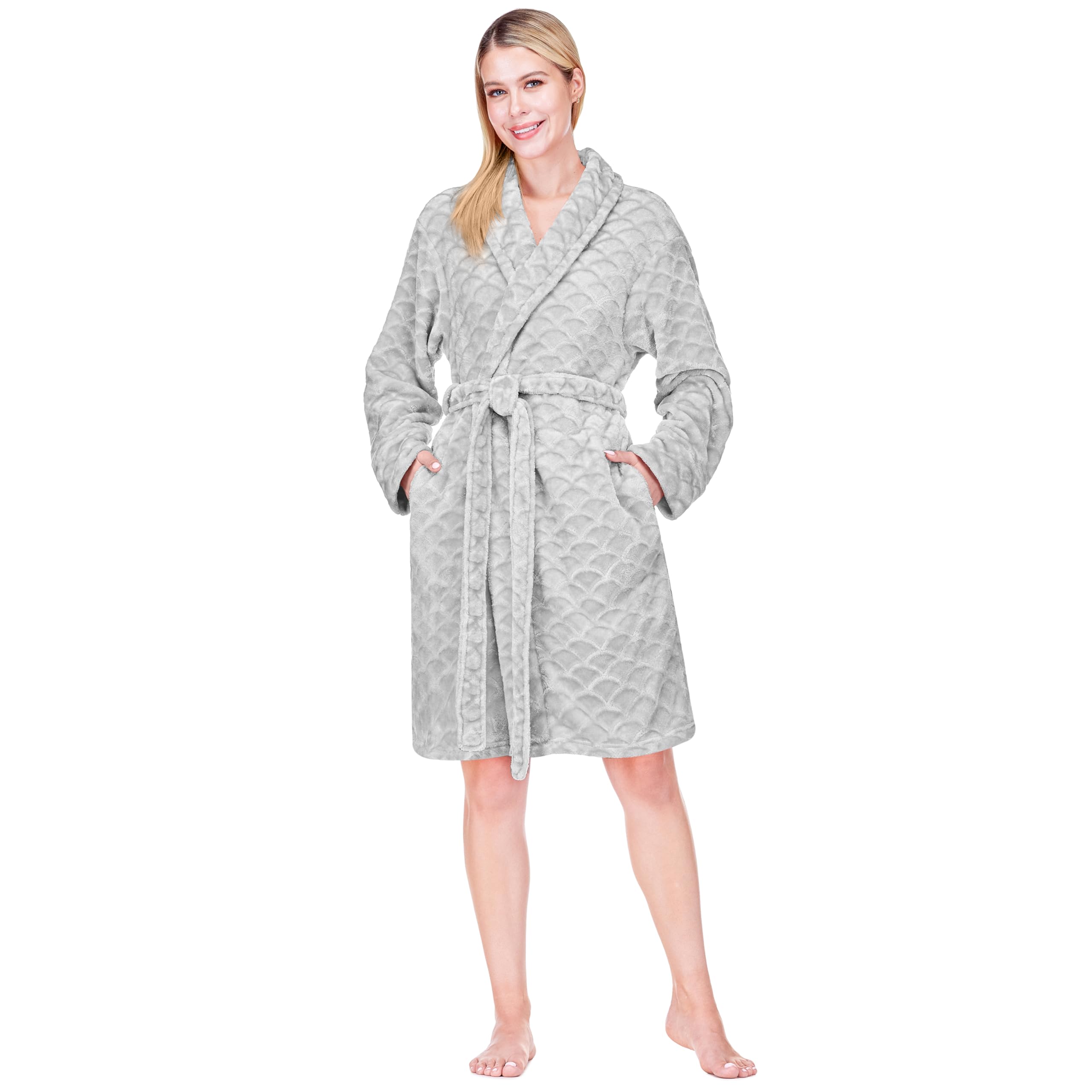 Womens Robes Kimono, Knee Length Plush Fluffy Winter Shower Bathrobe, Soft Fuzzy Cozy Warm with Pockets