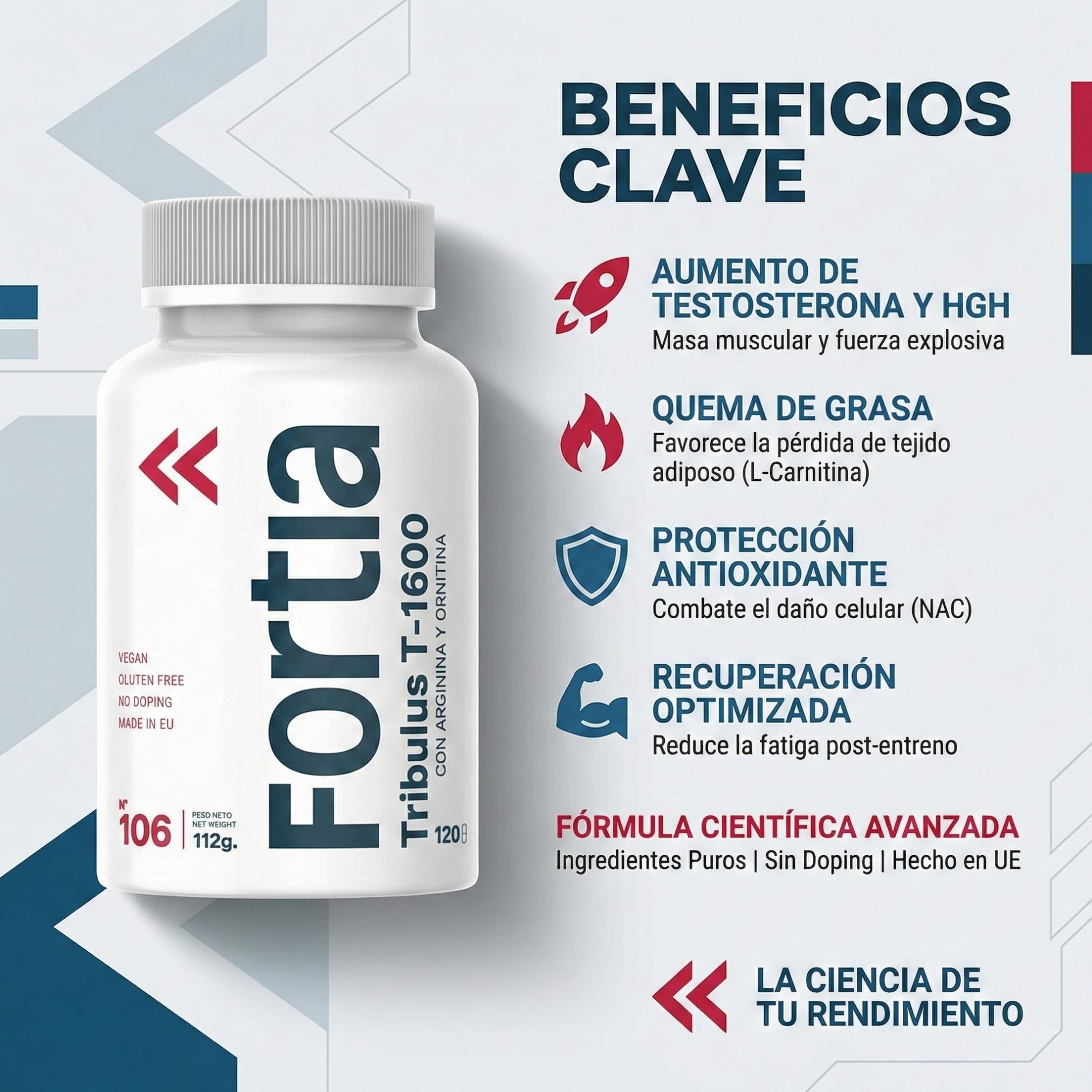 Fortia Tribulus T-1600 | Testosterona Natural y Rendimiento Masculino | Tribulus Terrestris + Arginina + NAC | Energía, Fuerza y Recuperación | 120 Cápsulas