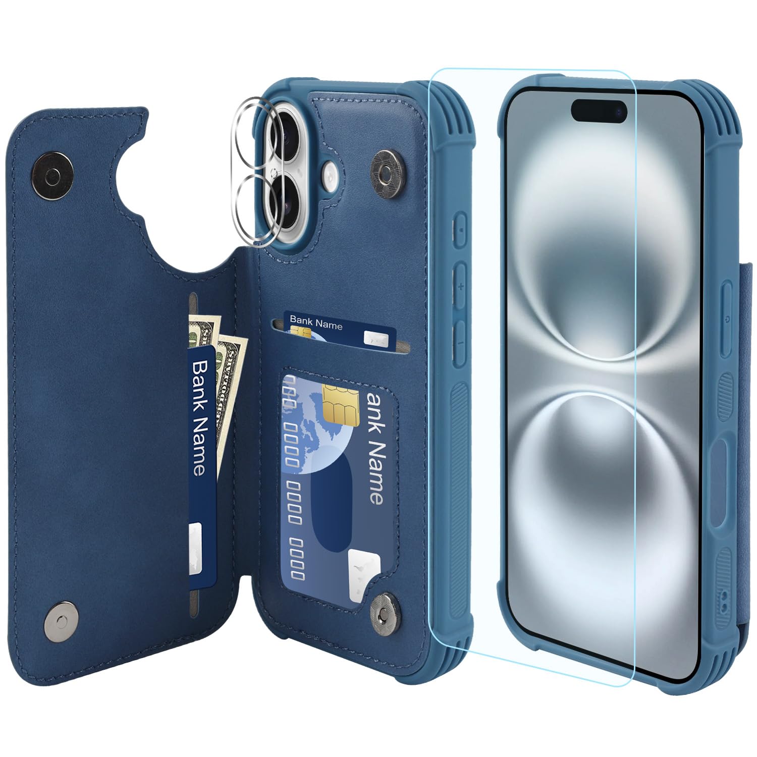 VANAVAGY Compatible for iPhone 16 Wallet Case with Credit Card Holder,Rfid Block Leather Flip Folio Phone Cover Fits Magnetic Car Mount and Stand with Screen Camera Protector,Blue
