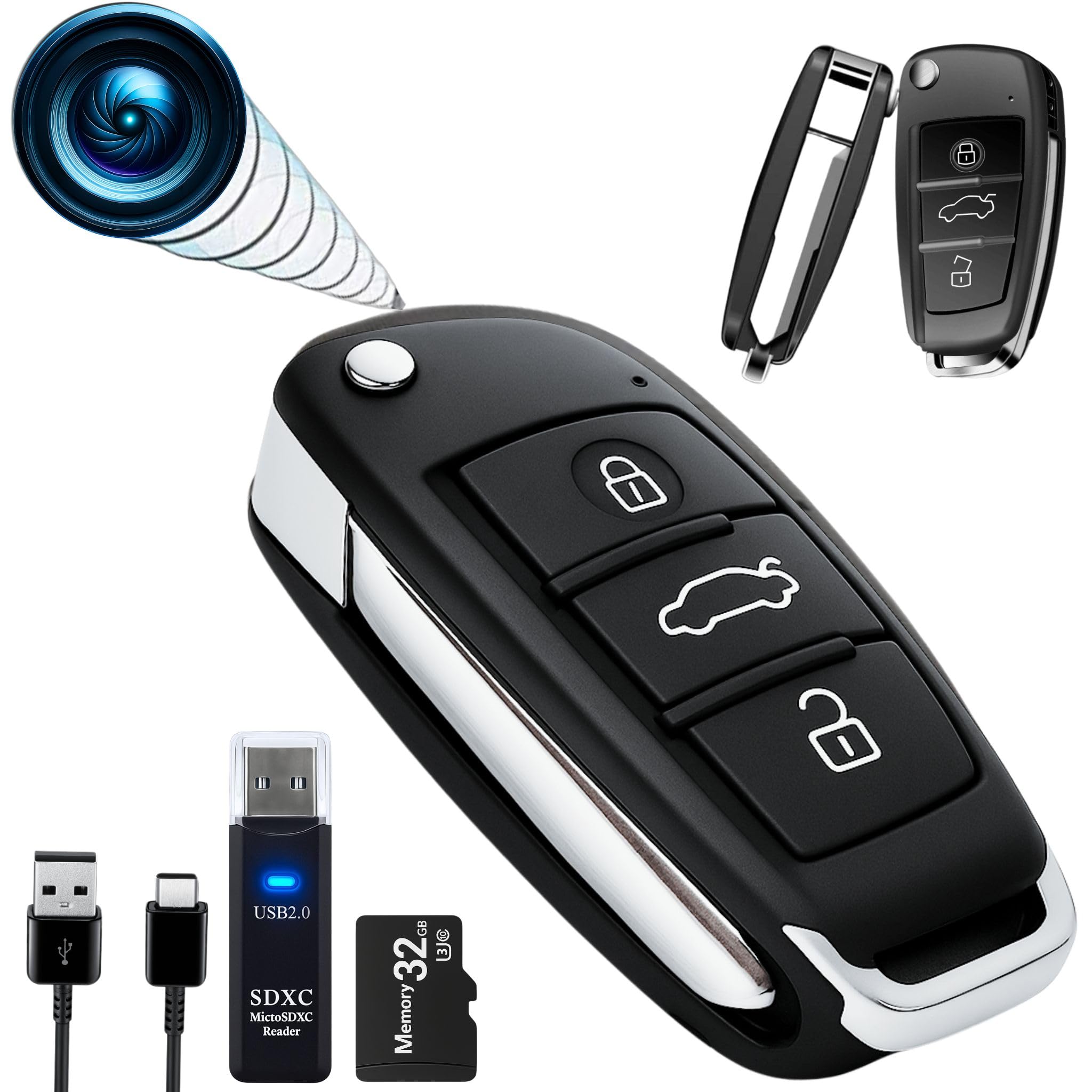 Mini Camara Espia Oculta Camuflada, Camara de Vigilancia sin Cables(PACK PREMIUM 2MP Super HD con MicroSD 32GB U3, LECTOR LED y USB-C)sin Luz al Grabar. Detector de Movimiento y Visión Nocturna,128GB