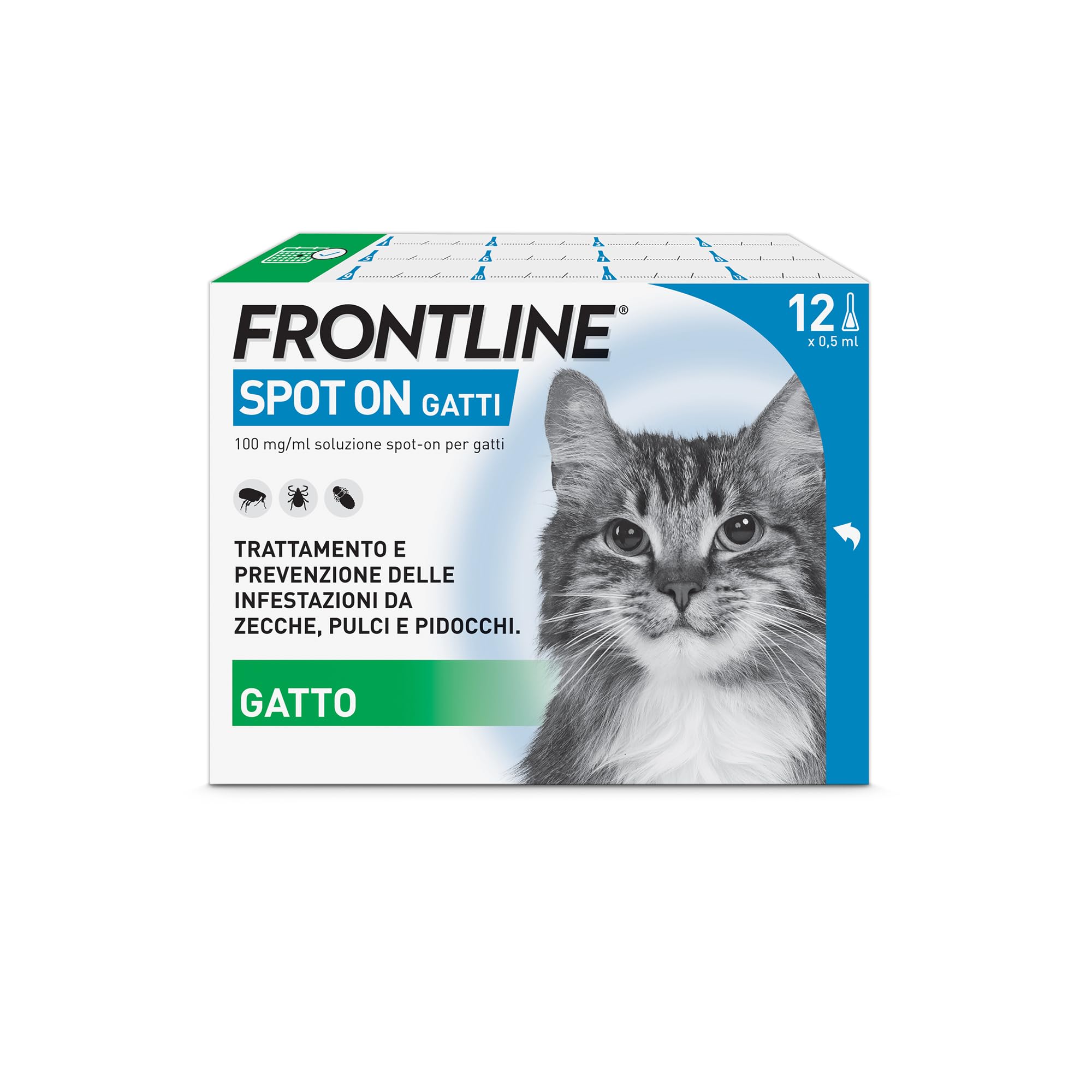 FRONTLINE Spot On, 12 Pipette, Gatto, Antiparassitario per Gatti e Gattini di Lunga Durata, Protegge da Zecche, Pulci e Pidocchi, Antipulci in Confezione da 12 Pipette da 0.5 ml