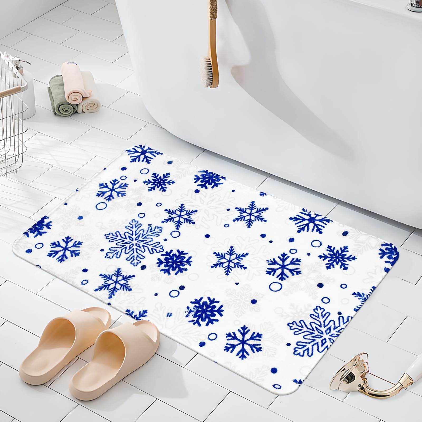 MEHOFOND Christmas Bathroom Rugs Winter Snowflake Bath Mat Snowflakes Blue Bath Mats for Bathroom Decor Extra Soft Absorbent