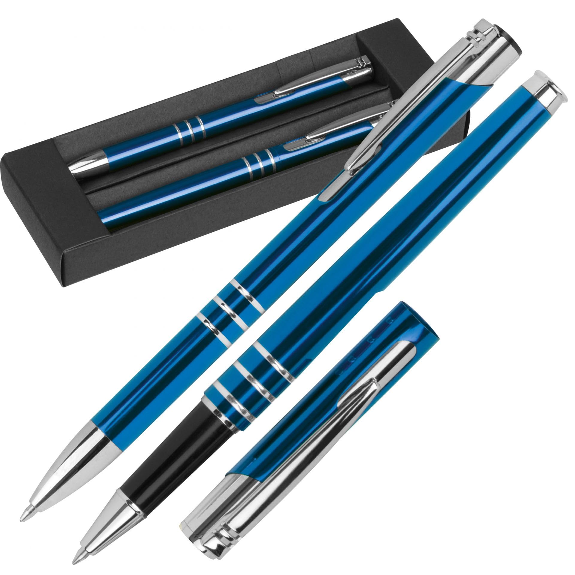 50x Hochwertiges Metall-Schreibset – Kugelschreiber & Rollerball mit blau schreibender Mine – Elegantes Design im schwarzen Etui – Erhältlich in Blau, Rot, Schwarz & Weiß