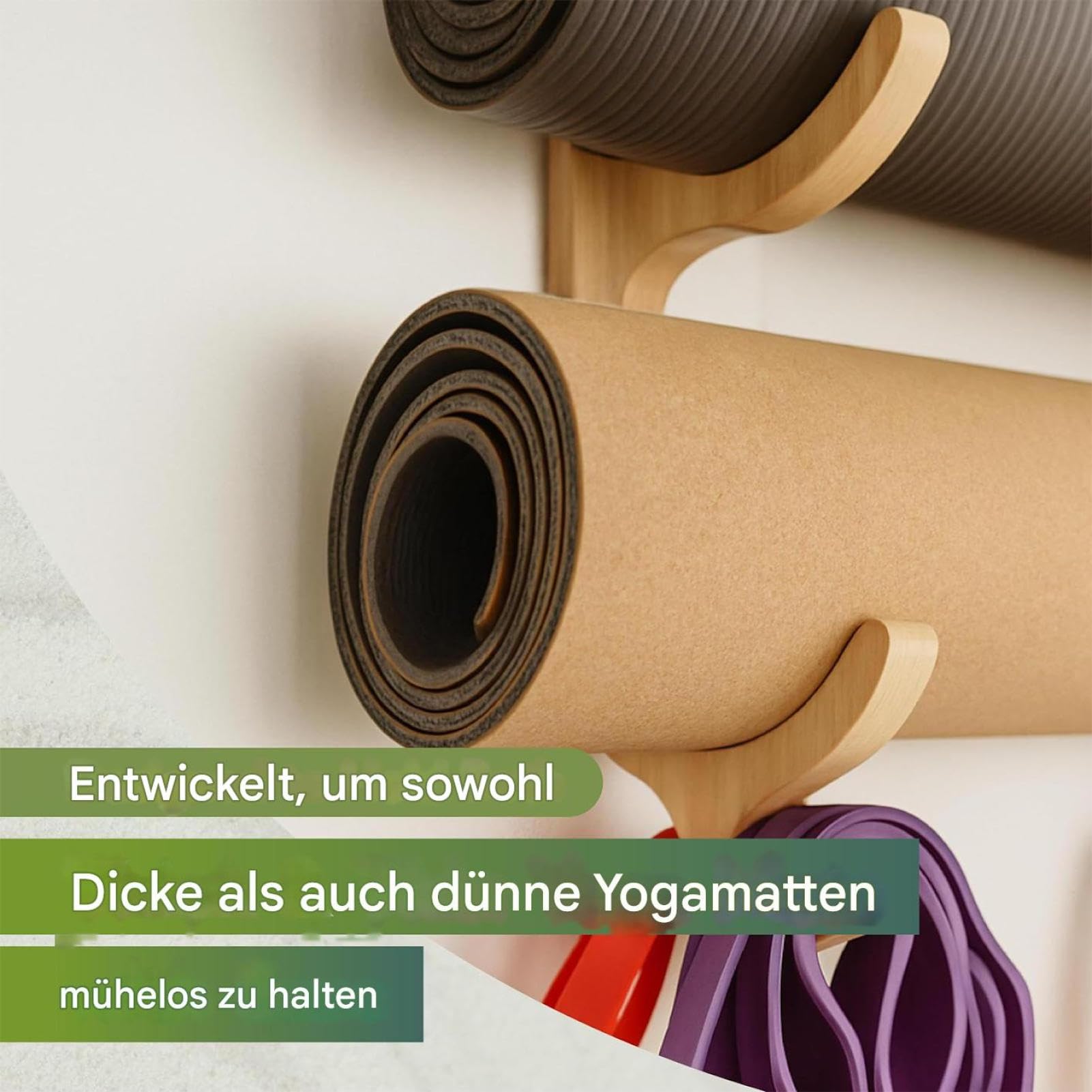 Yoga Matte Wandhalter, Yogamatten Aufbewahrungsregal, Aus Holz Multifunktional Mit 4 Haken, Yogamattenhalter Gestell Für Die Wand, Für Widerstandsband, Springseile, Fitnessstudio