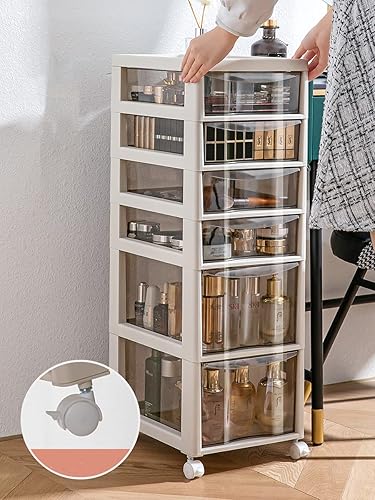 Miniatura 4 de Torre de almacenamiento de carrito de 6 cajones, marco verde, cajones transparentes champán, 31.9 x 10.5 x 13.5 pulgadas (verde)