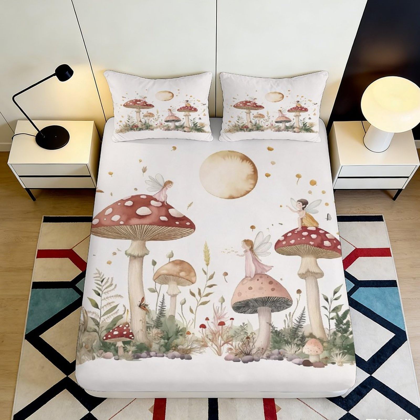 3D Printed Fairy Mushroom Forest Fitted Sheet Microfiber Soft Bed Cover for Bedroom Dorm Room Mattress Decor 90x200x25cm