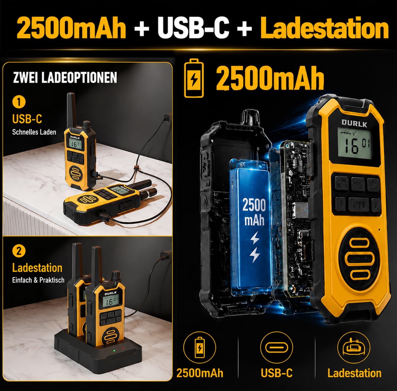 Walkie Talkie Erwachsene 2er Set,2500mAh Wiederaufladbar, Funkgeräte Lizenzfrei Mit Ladestation Und USB-C,IP65 Wasser Und Staubgeschützt,VOX,Doppel-Ptt,LED-Taschenlampe Für Baustelle & Outdoor
