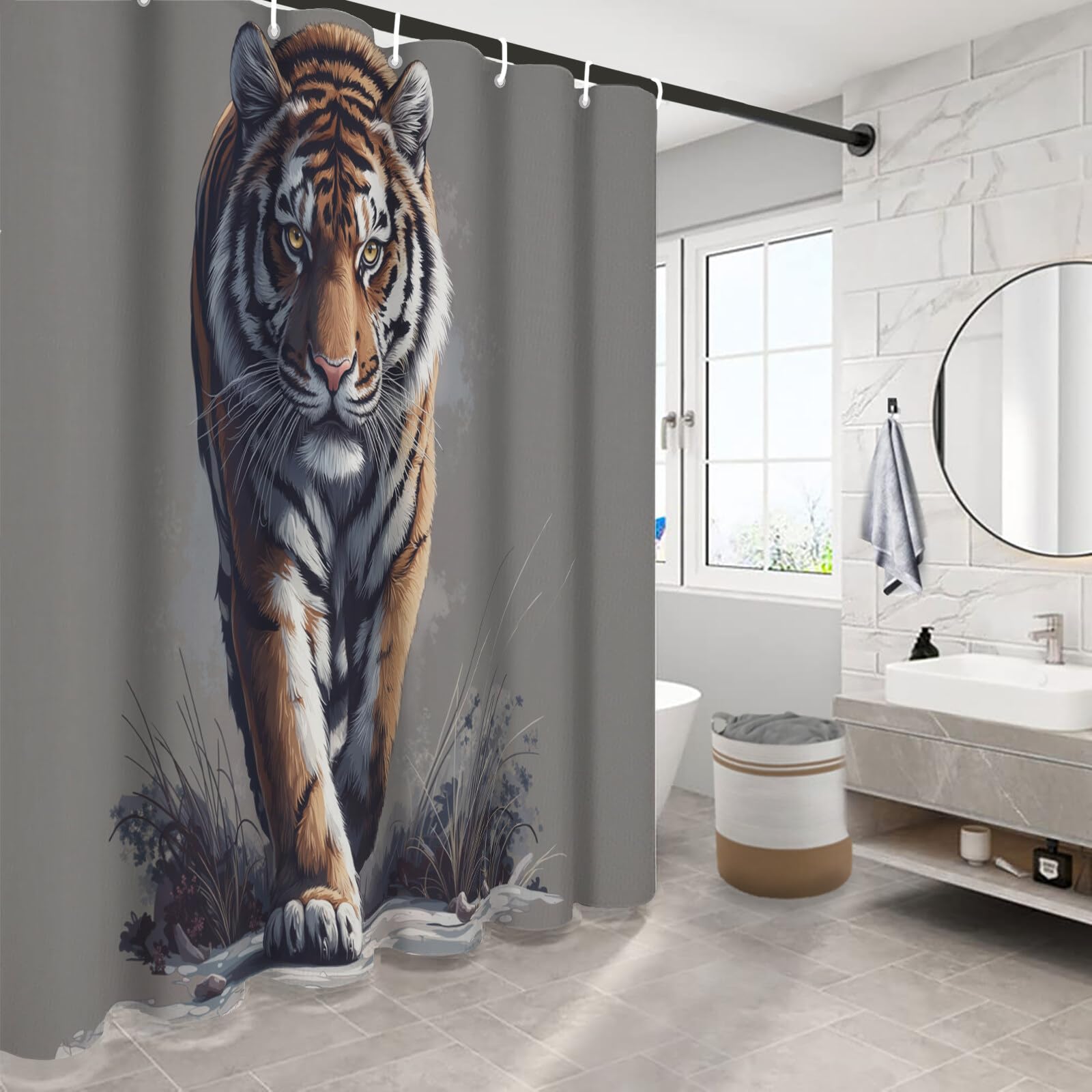 Rideau Douche,Rideau Baignoire Lavable en Machine Rideaux Douche Tissus Lavable Rideau De Baignoire Lavable pour Salle De Bain Domicile Baignoire Famille,Puissant Tigre De Sibérie,