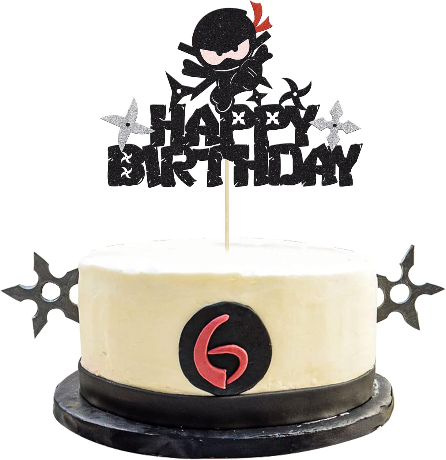 1Pc Ninja Happy Birthday Cake Topper Black Glitter Martial Arts Cake