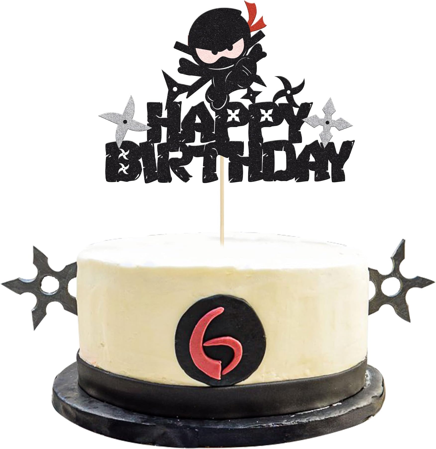 1Pc Ninja Happy Birthday Cake Topper Black Glitter Martial Arts Cake Decorations Karate Kung Fu Warriors Pick Ninja Theme Baby Shower Kids Birthday Party Cake Decorations Supplies