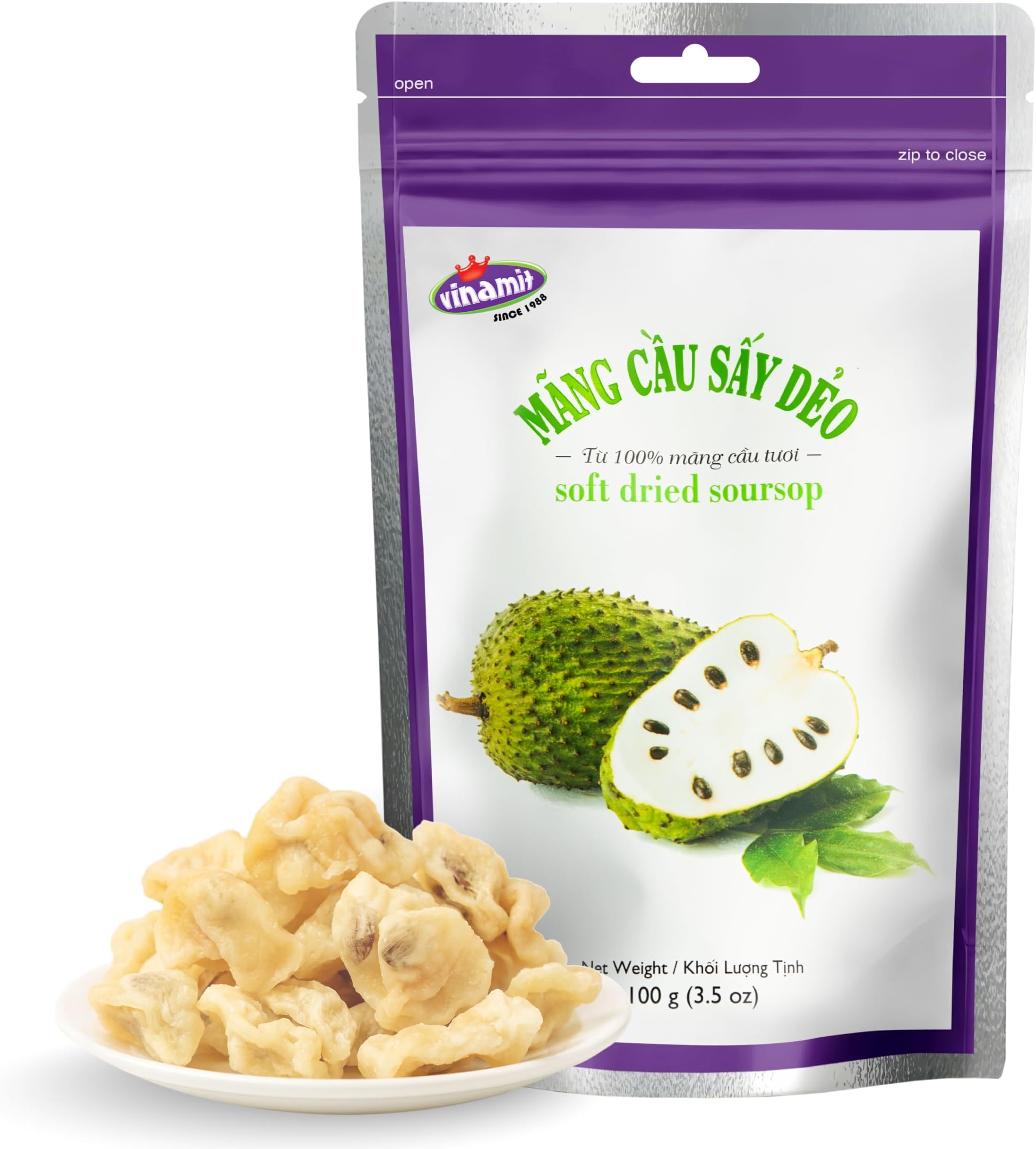 Vinamit Soft Dried Soursop Fruit 3.5 oz, Sweet-Tart Tropical Fruit Snacks | Soft & Chewy, Vietnamese Graviola Guanabana, High Fiber Antioxidant, Dried Fruit for Travel, Gifting, Adults & Kids
