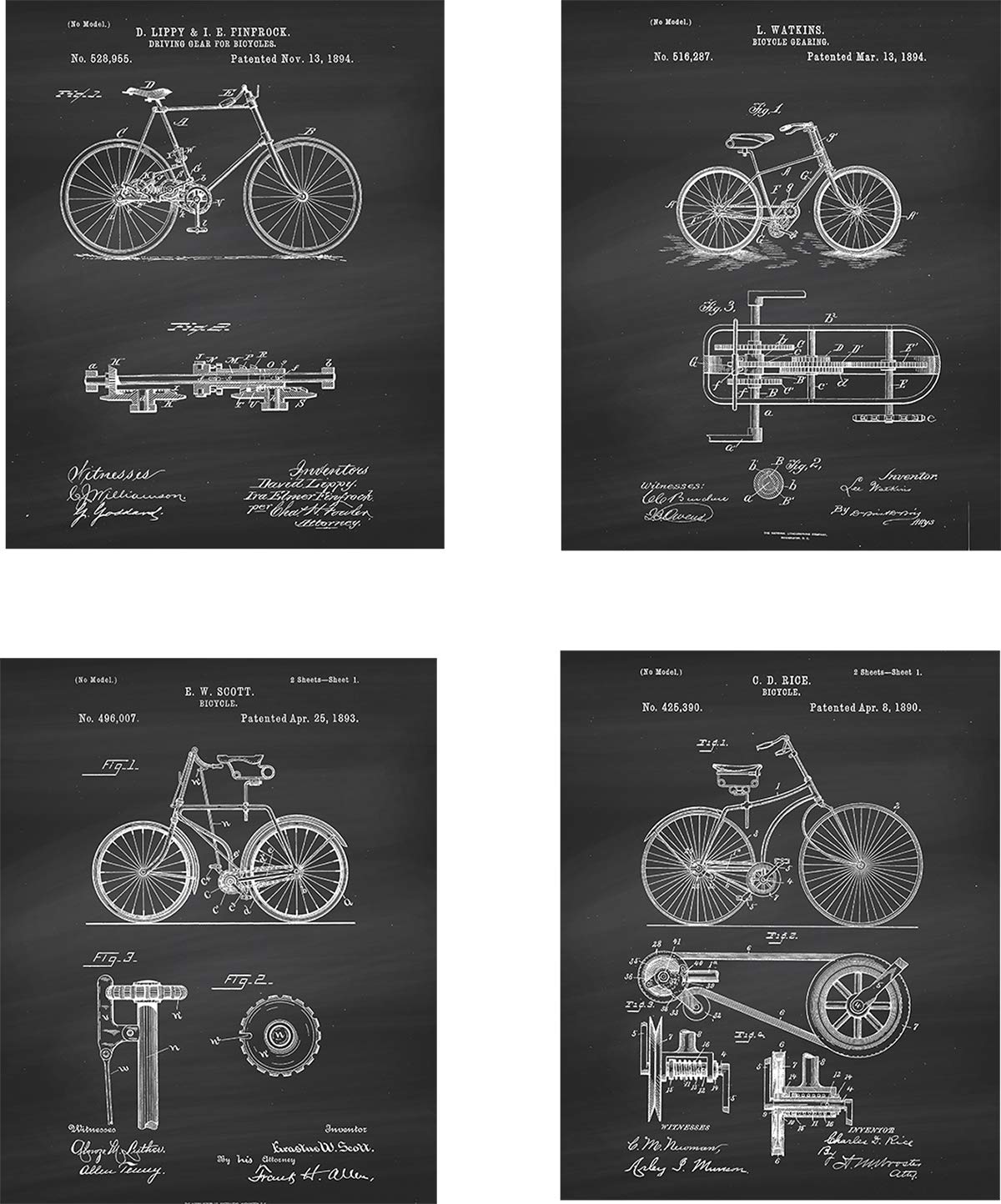 Bicycle Patent Wall Art Prints - set of Four (8x10) Unframed - wall art decor for cycling lovers