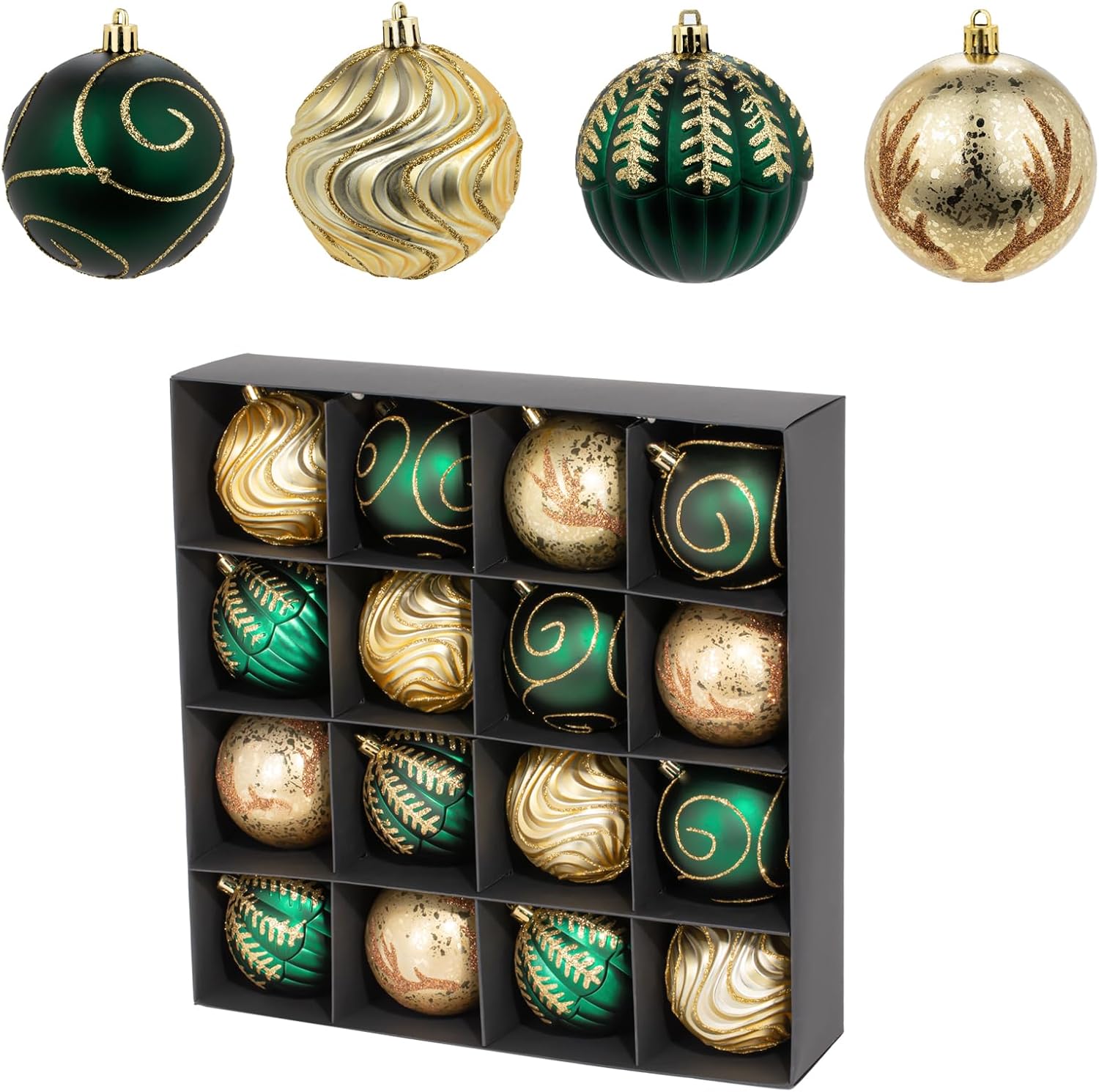 3.15" Luxury Christmas Tree Balls Ornaments, 16Pcs Colored Shatterproof Plastic Hanging Ornaments Set for Christmas Trees Decor/Wedding/Holiday/Party (Gold & Green)