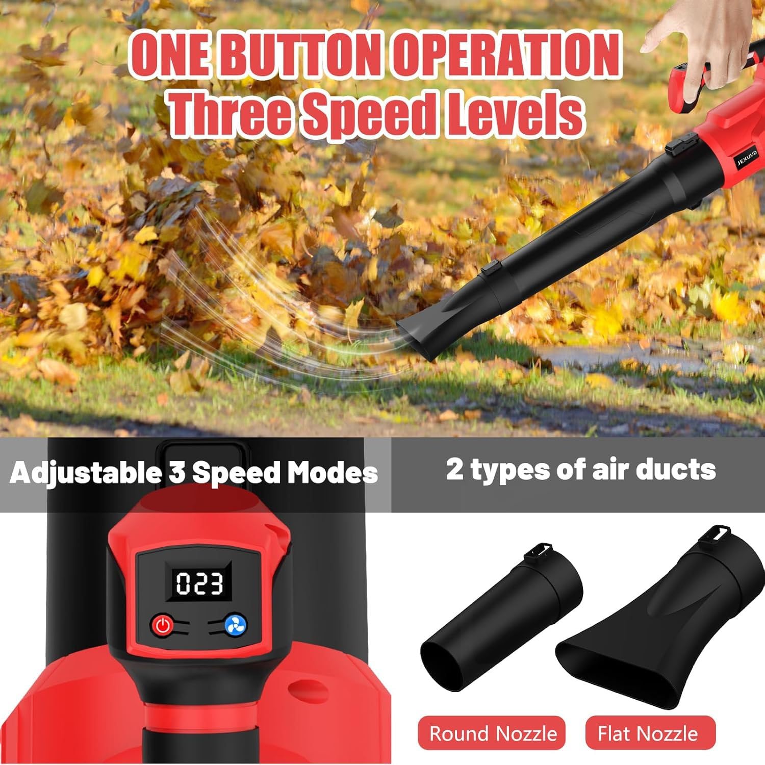 Soffiatore Per Foglie Da Giardino A Batteria, Aspiratore-trituratore Da 21v | con 2 batterie da 4000 mAh, 3 velocità, portata d'aria di 12 m³/min, 21.000 giri/min e 2 tipi di bocchette; per patii(red)