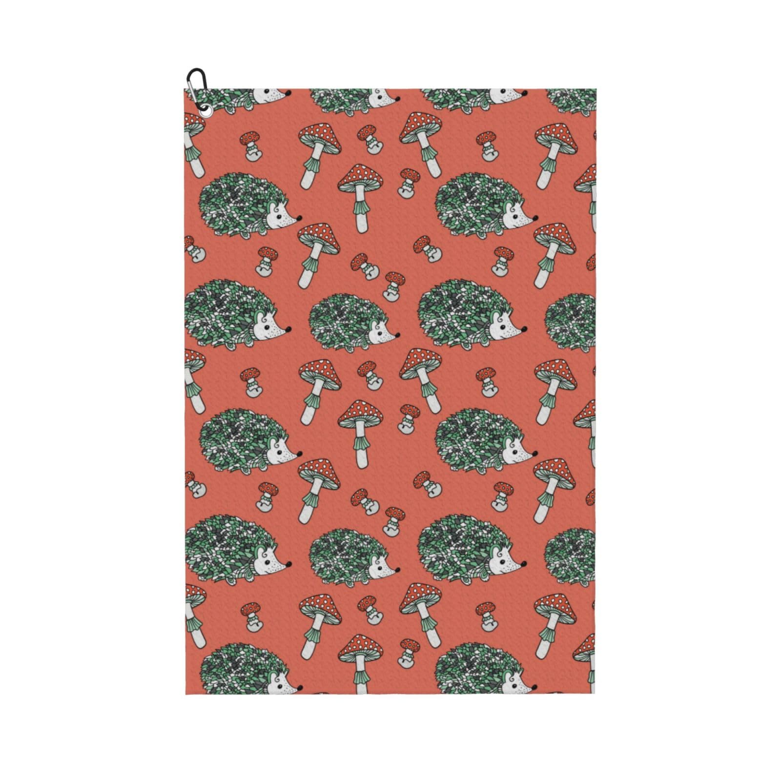 AOOEDM Hedgehog Mushroom Print Golf Towel with Carabiner Clip Absorbent Microfiber Golf Towel for Cleaning Golf Ball Club Putter Iron for Golf Bag Trolly Belt Loop 16" X 24"