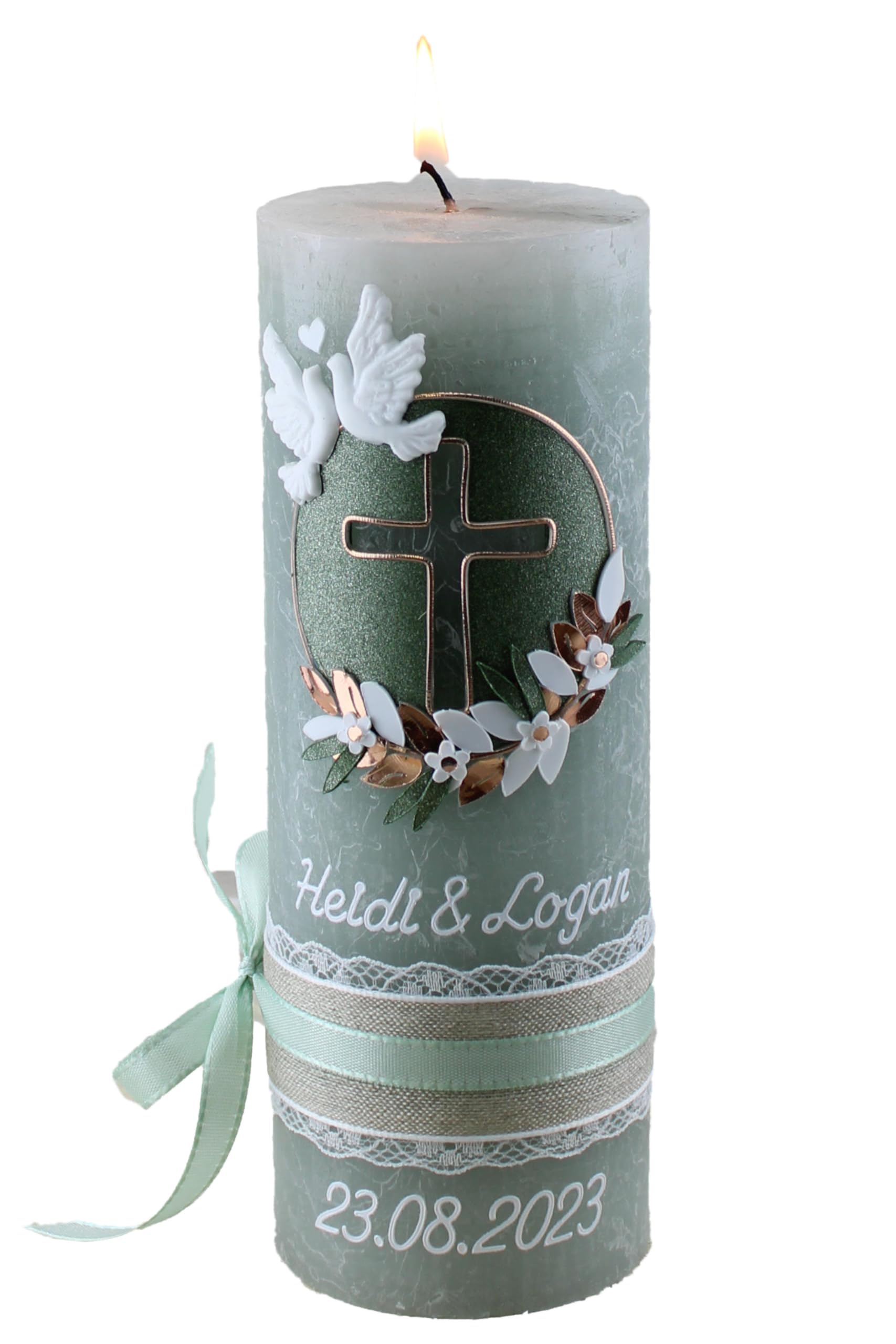 Hochzeitskerze Rustik Heidi und Logan mit Namen und Datum, individuell und handverziert 2556, Variante:Klassischer Docht