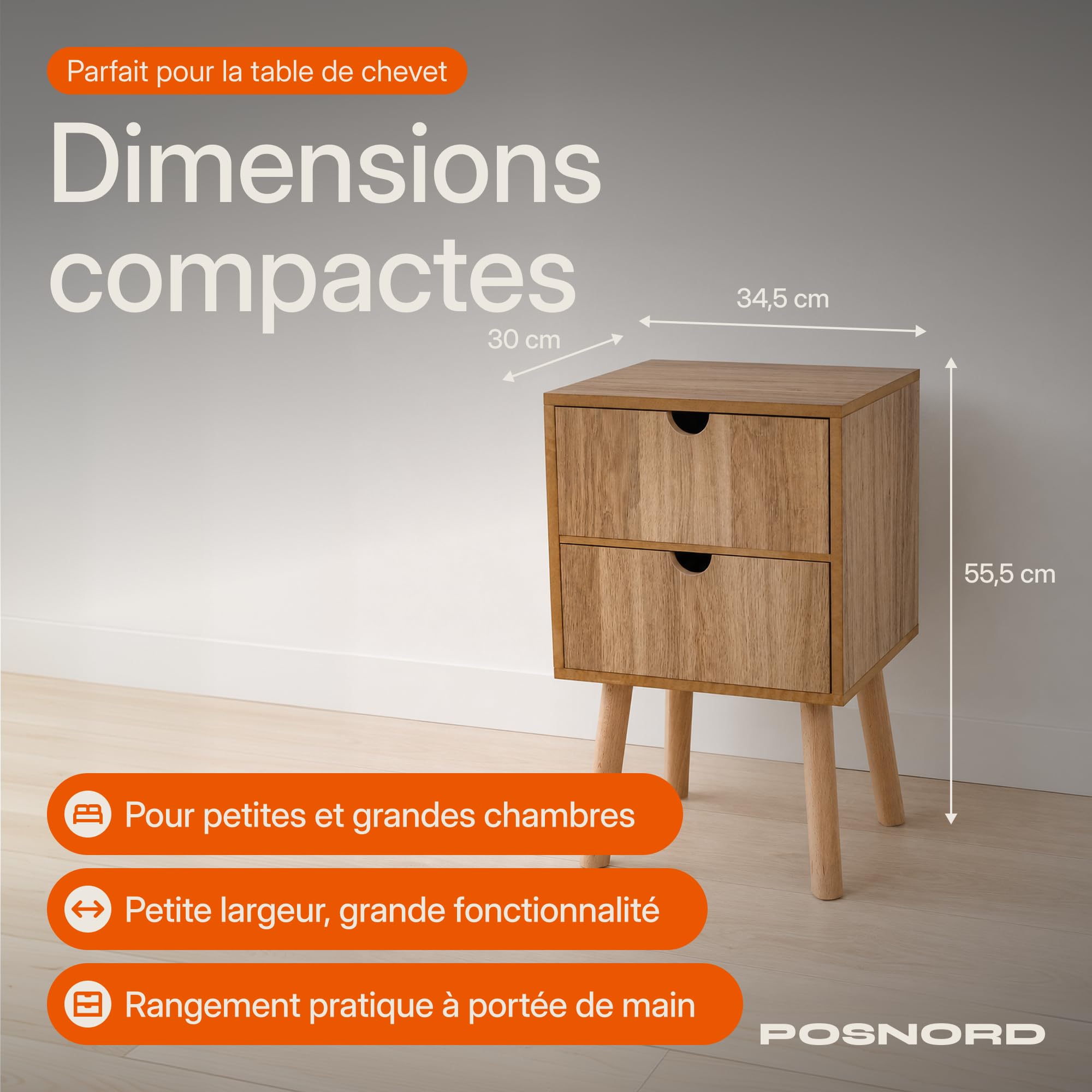 Table de Chevet Bois L34.5 x P30 x H55.5 cm, Table de Nuit Moderne avec 2 Tiroirs, Meuble de Chevet MDF Pieds Bois Massif, Couleur Chêne/Chêne