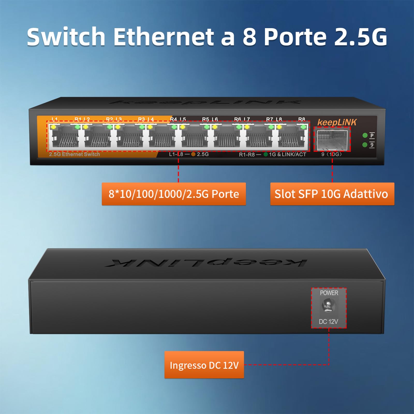Switch 2.5 Gigabit, Switch Ethernet 8 Porte 2.5 Gbps con 1 Porta 10G SFP, Metallo Senza Ventola, Desktop e Montaggio a Parete, Compatibile con PC, Nas, AP Wireless
